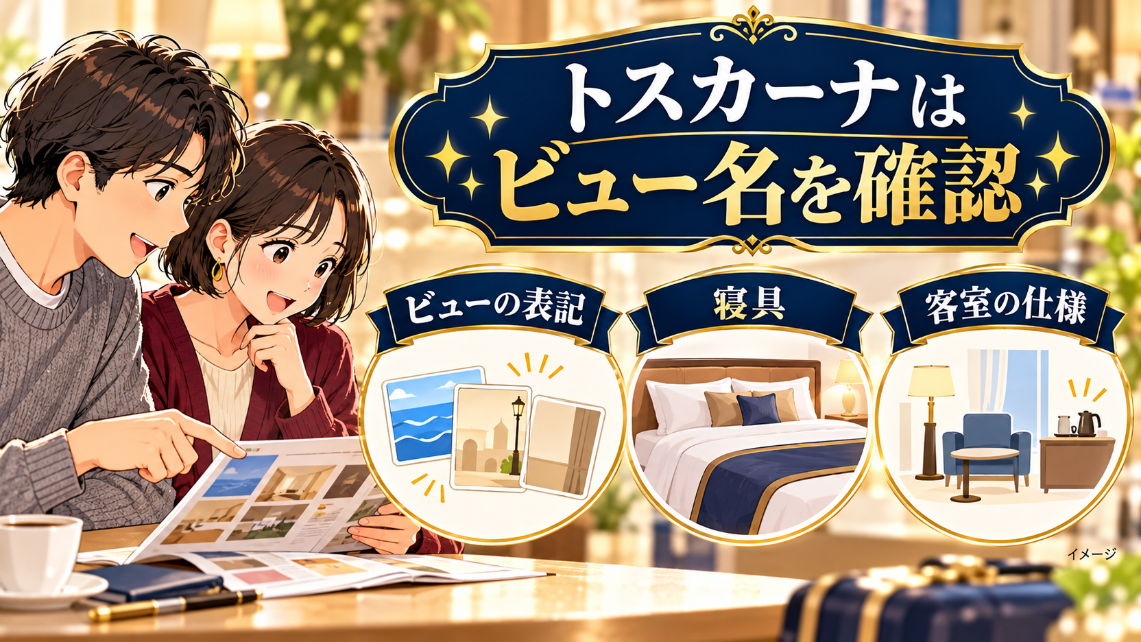旅行パンフレットでビューの表記と寝具、客室仕様を確認する男女
