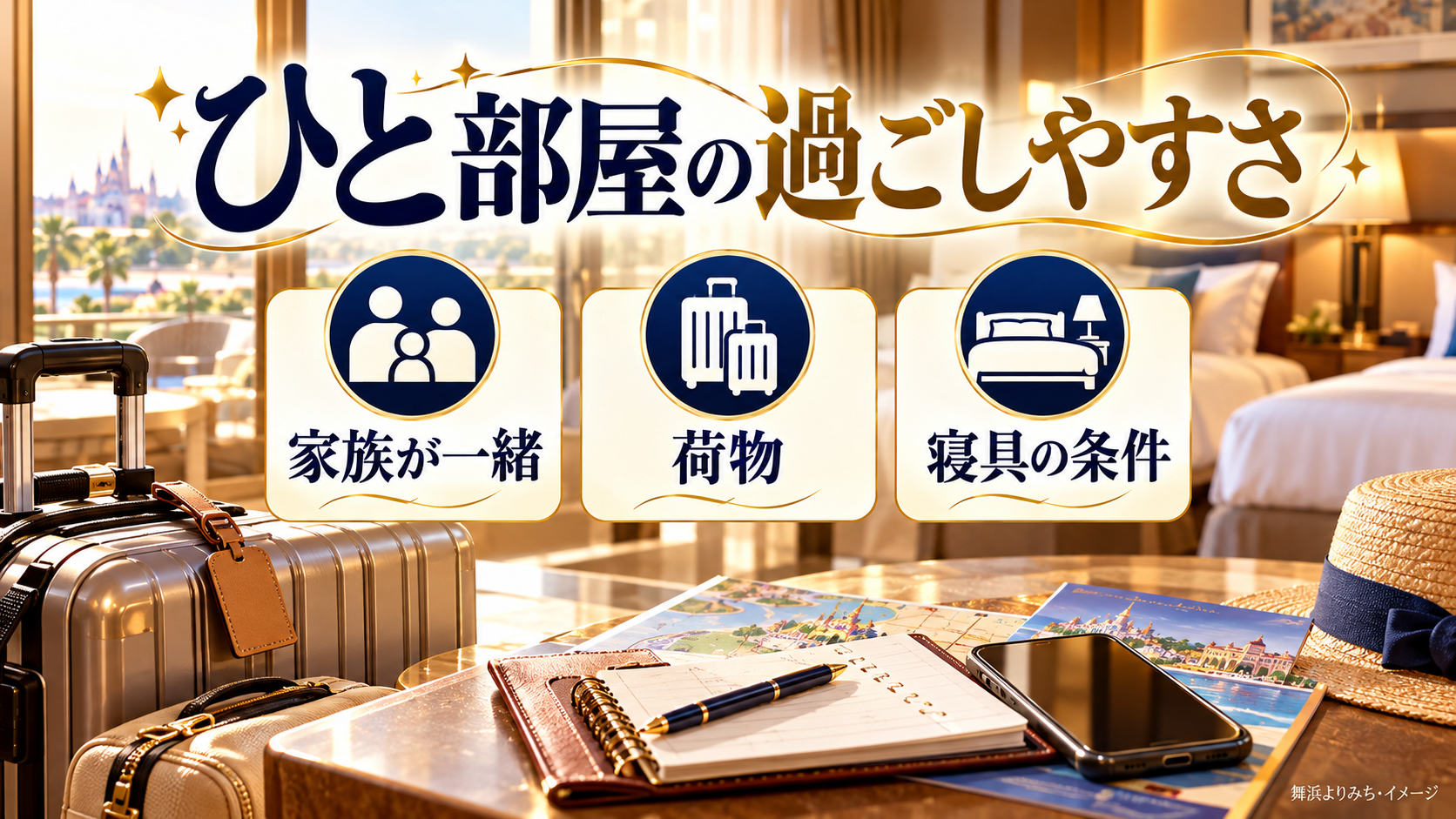 ひと部屋の過ごしやすさについて、家族が一緒・荷物・寝具の条件を整理した図解