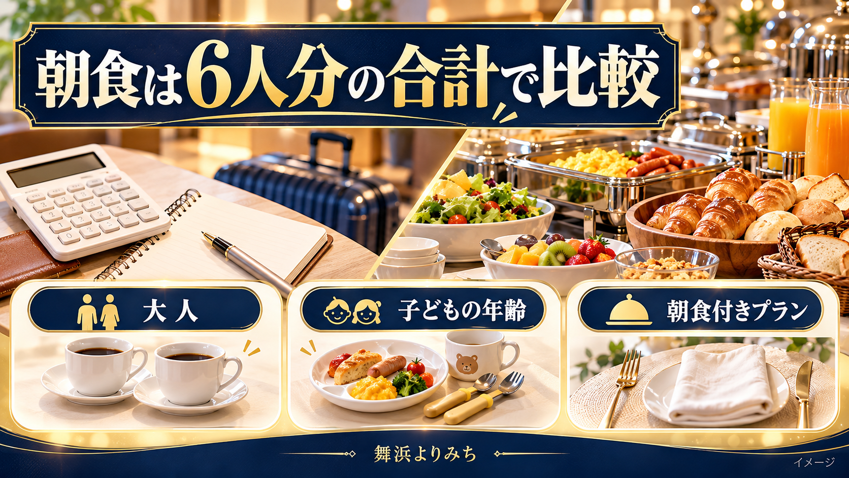 朝食は6人分の合計で比較について、大人・子どもの年齢・朝食付きプランを示す図解