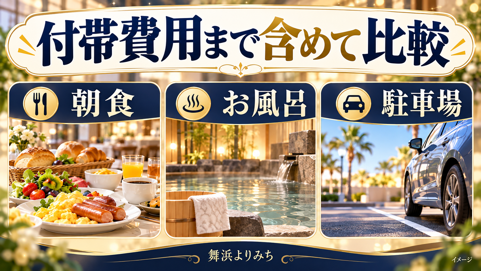 付帯費用まで含めて比較について、朝食・お風呂・駐車場を示す図解