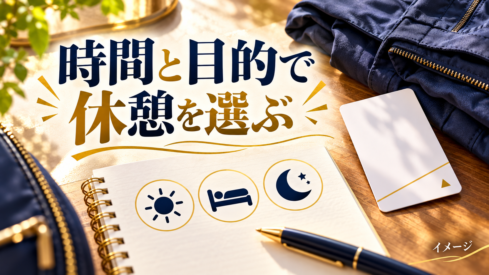 太陽・ベッド・月のアイコンと旅行用品で休憩の選び方を整理するイメージ