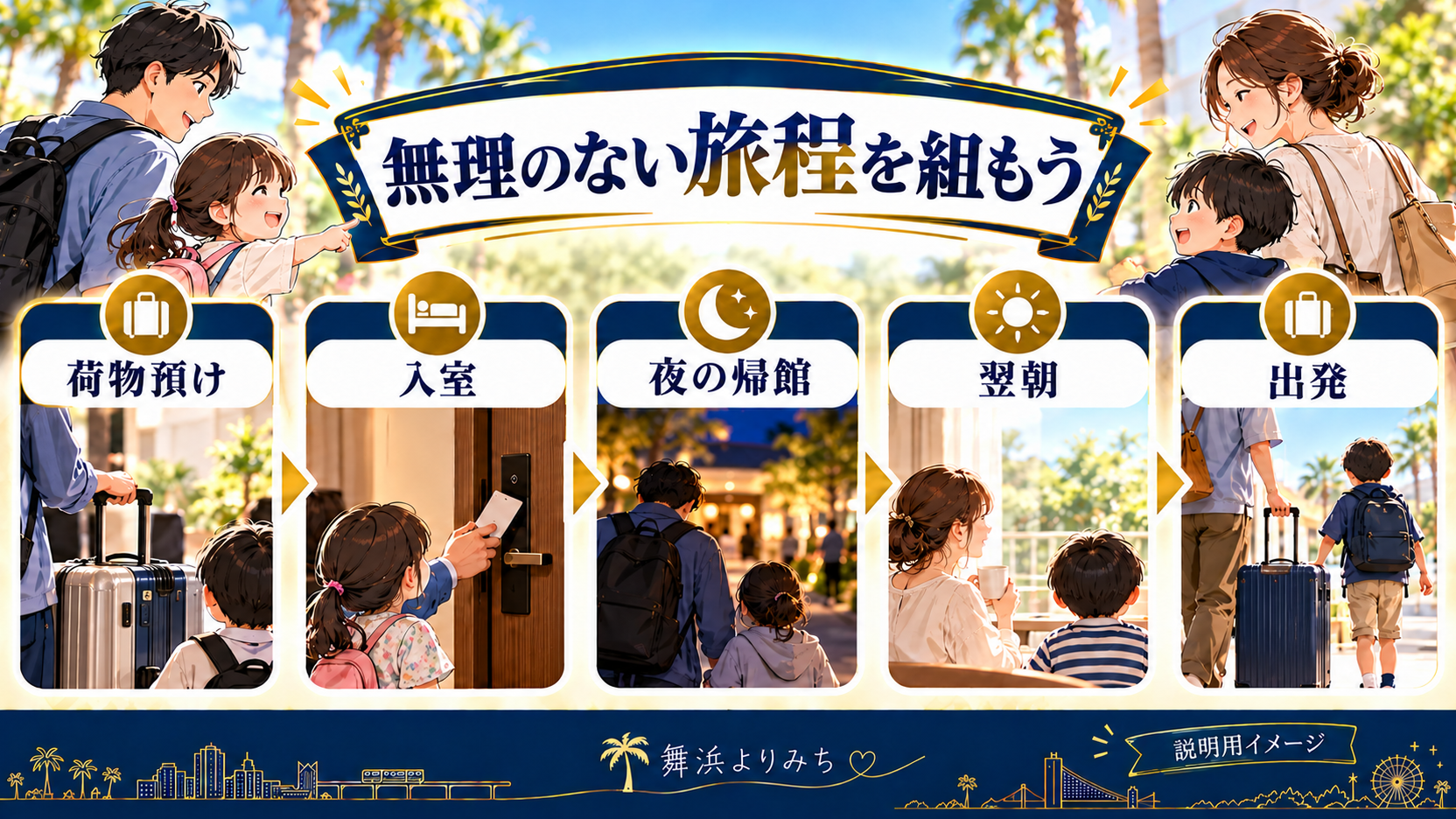 荷物預け、入室、夜の帰館、翌朝、出発を家族の場面でつなぐ旅程図