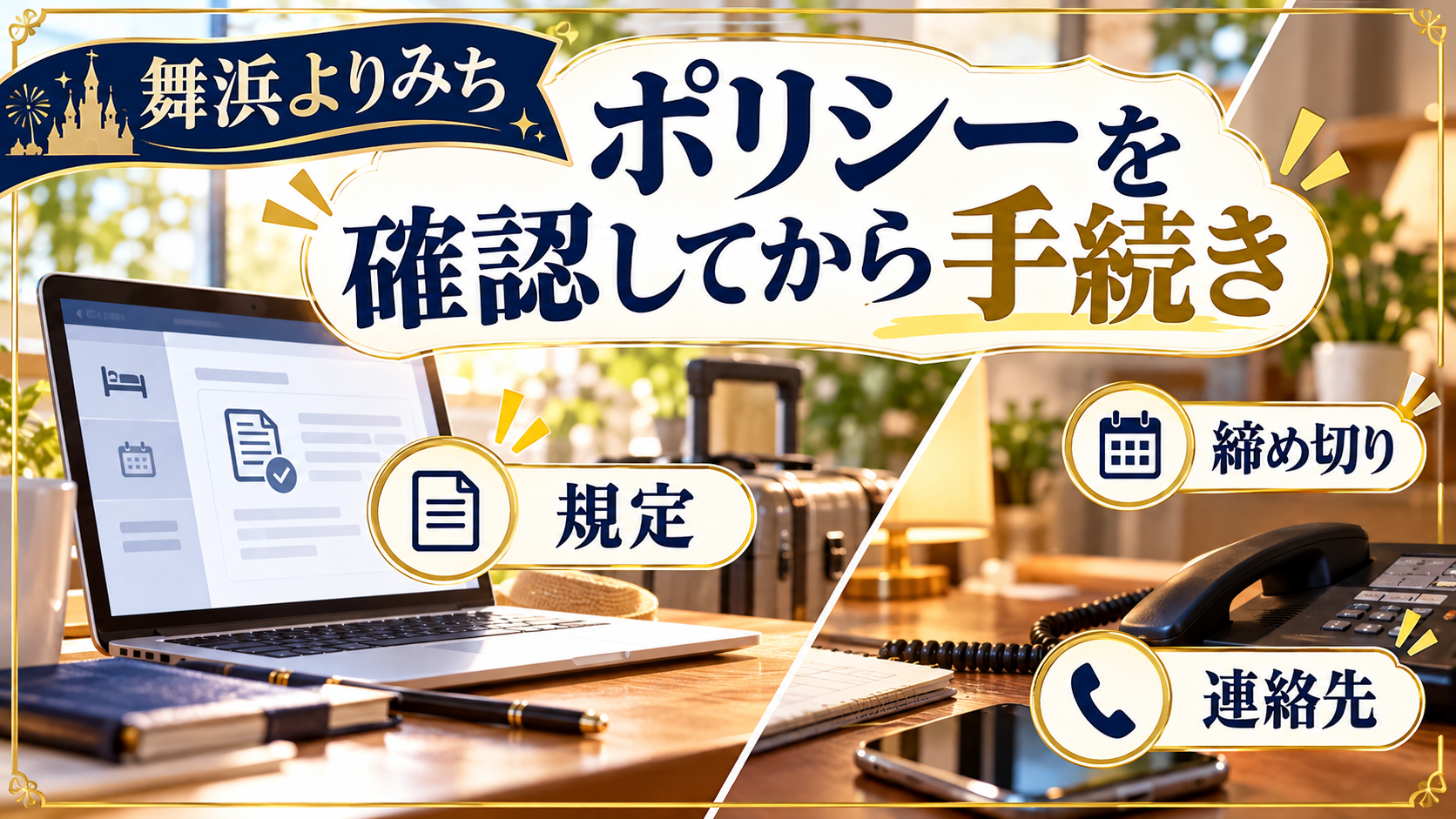 ポリシーを確認してから手続きについて、規定・締め切り・連絡先を整理した図解