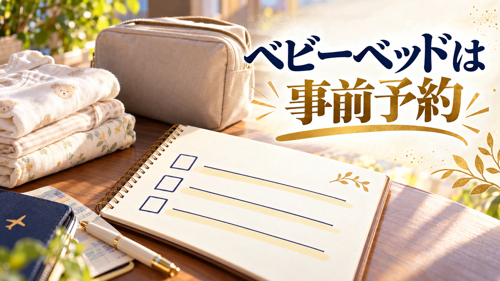 チェック欄のあるノートと赤ちゃんの衣類とおむつ用ポーチで事前の確認項目を整理するイメージ