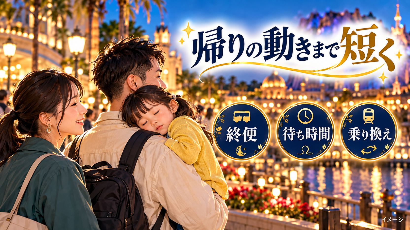 眠る子を抱く父親と、帰りの終便、待ち時間、乗り換えを確認するイメージ。
