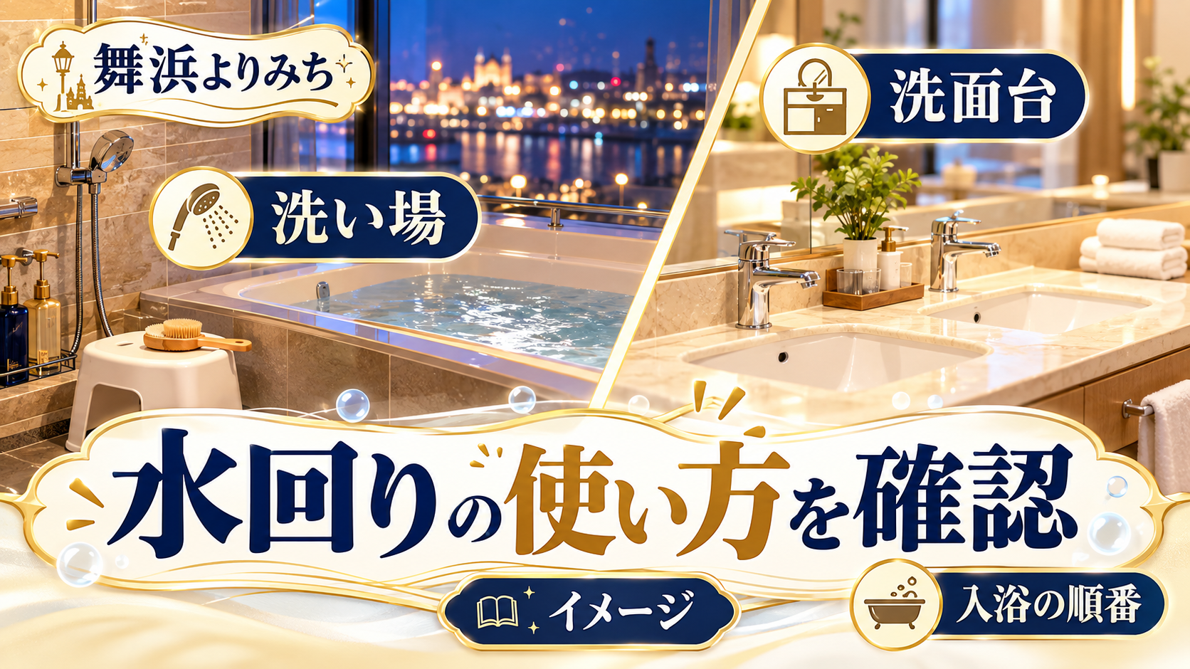 水回りの使い方を確認について、洗い場・入浴の順番・洗面台を整理した図解