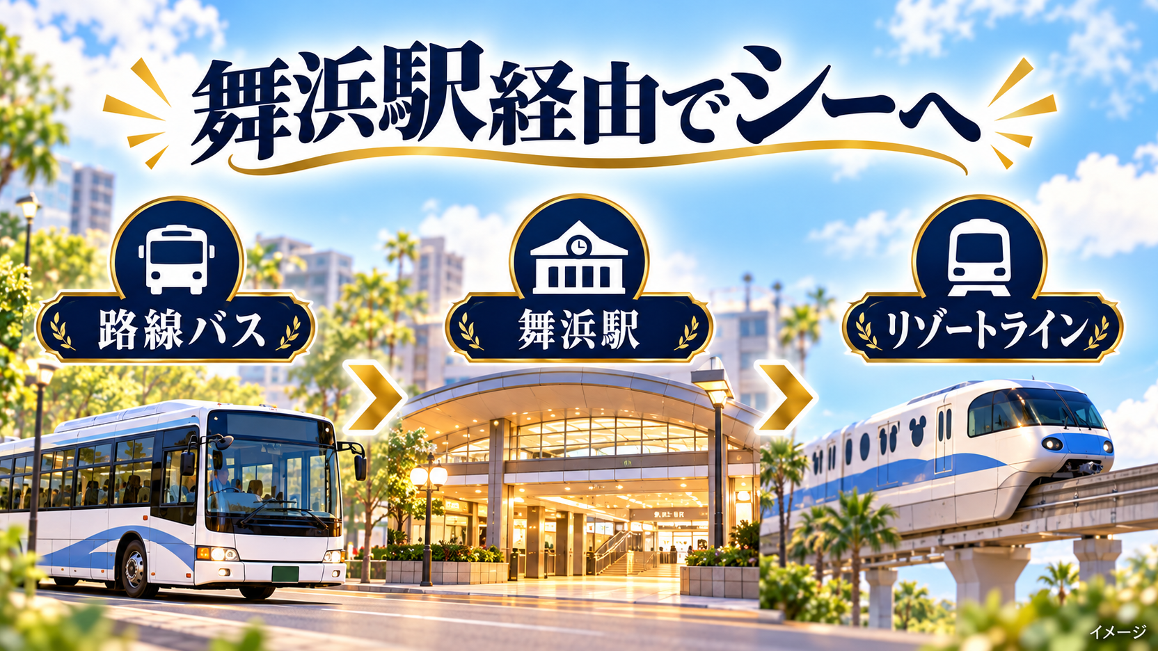 路線バス、舞浜駅、リゾートラインの乗り継ぎを示す概念図