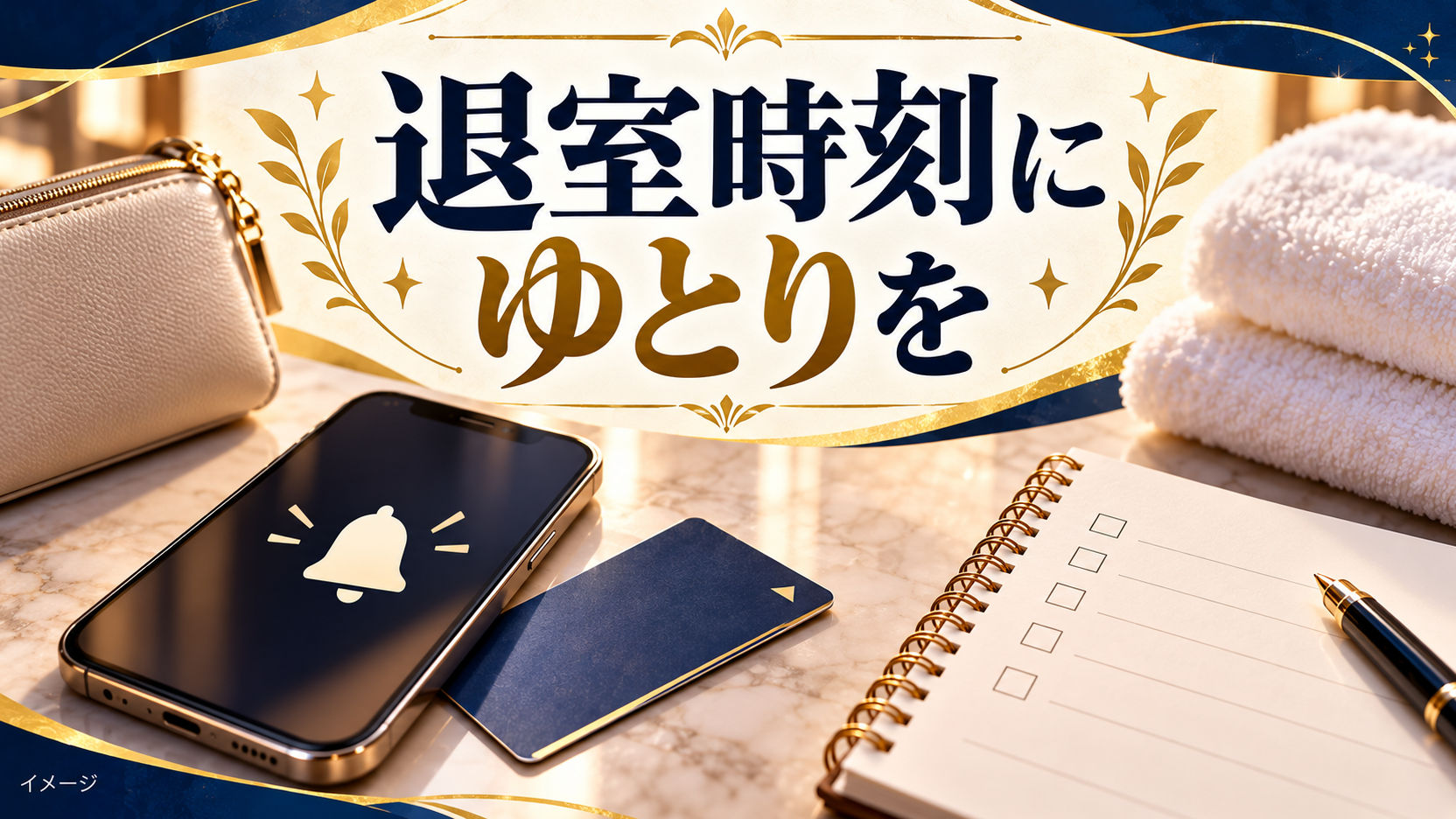 アラームの記号を表示したスマートフォンとチェックリストで退室前の準備を表すイメージ