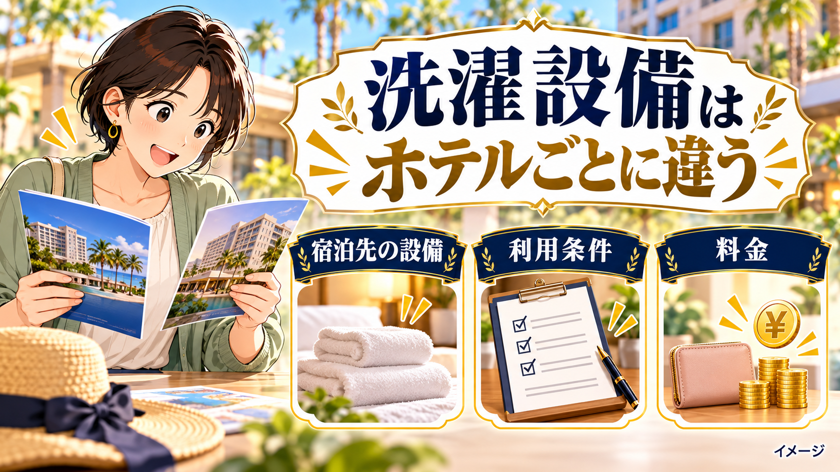 宿泊先の洗濯設備と利用条件、料金を比較する女性