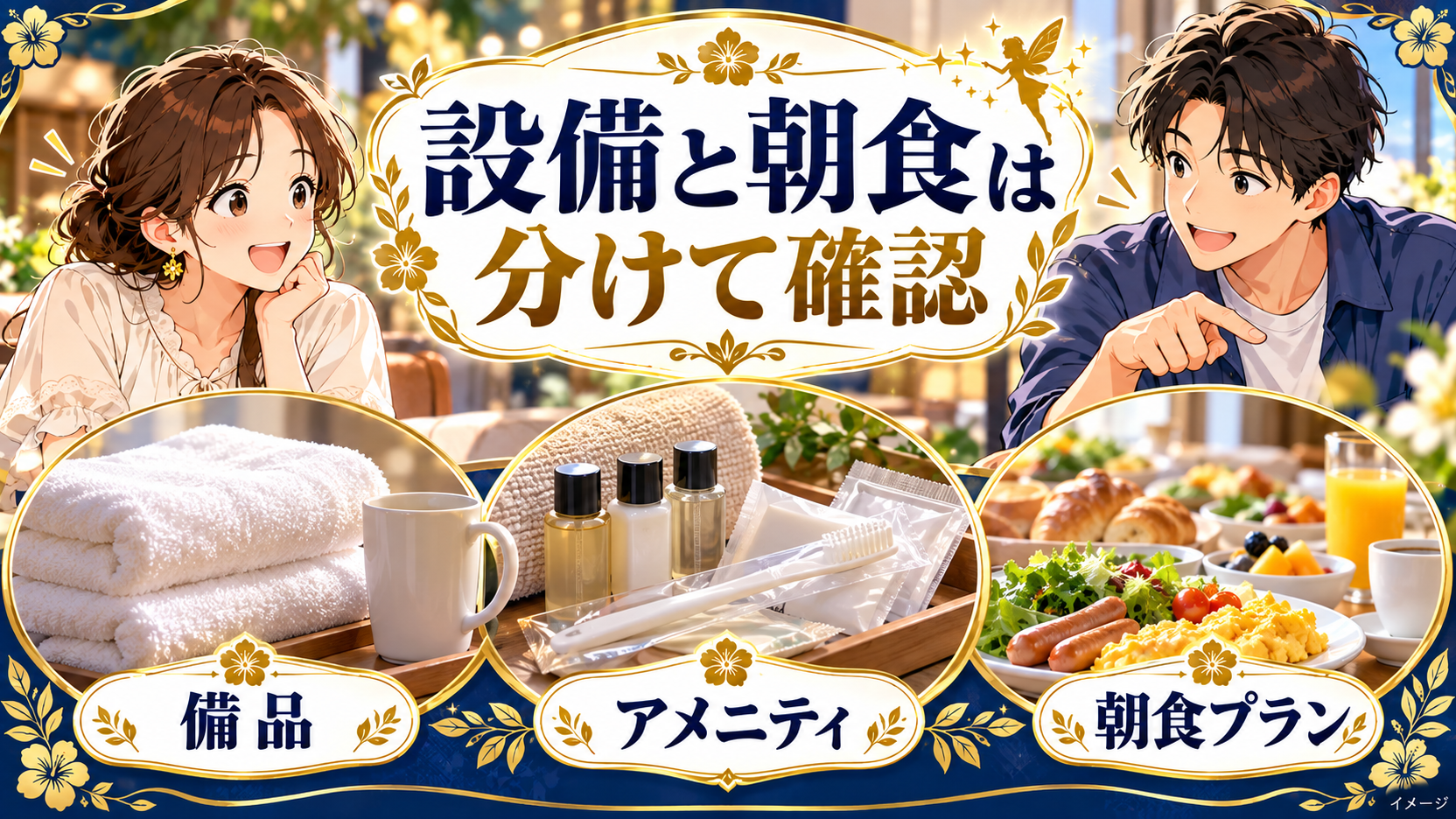 備品、アメニティ、朝食プランを分けて確認するイメージ