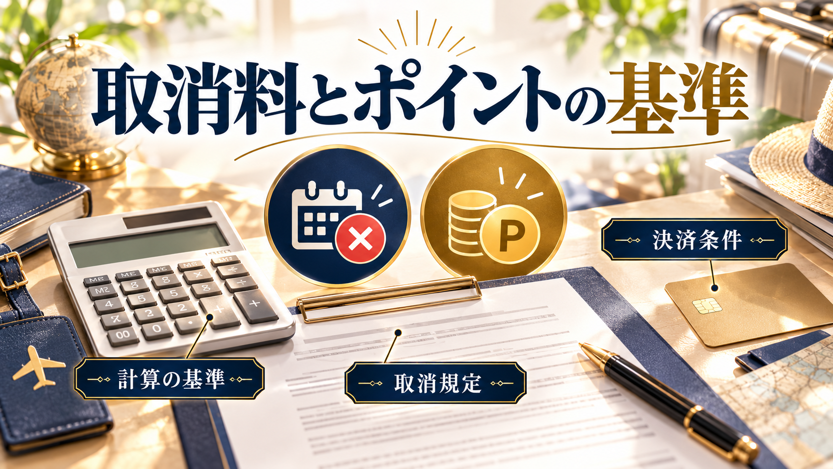 取消料とポイントの基準について、計算の基準・取消規定・決済条件を旅行用品やイラストで整理した図