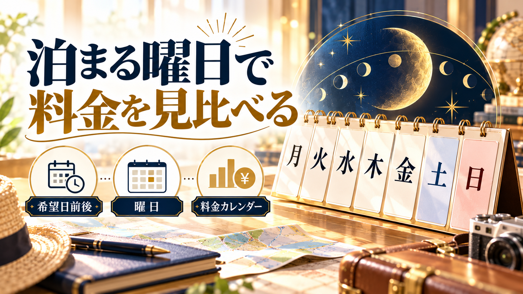 泊まる曜日で料金を見比べるについて、希望日前後・曜日・料金カレンダーを旅行用品やイラストで整理した図