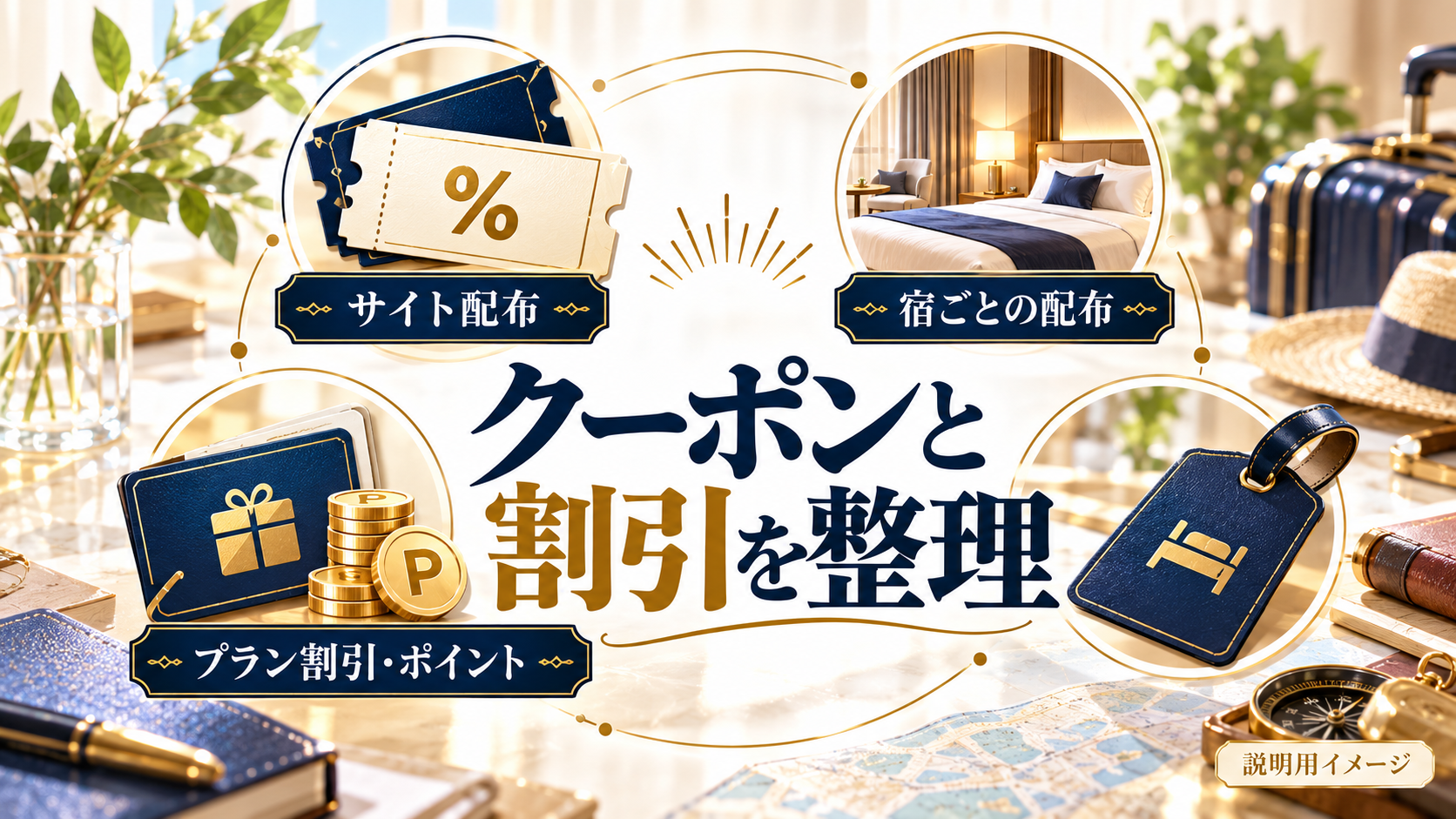 クーポンと割引を整理について、サイト配布・宿ごとの配布・プラン割引・ポイントを旅行用品やイラストで整理した図
