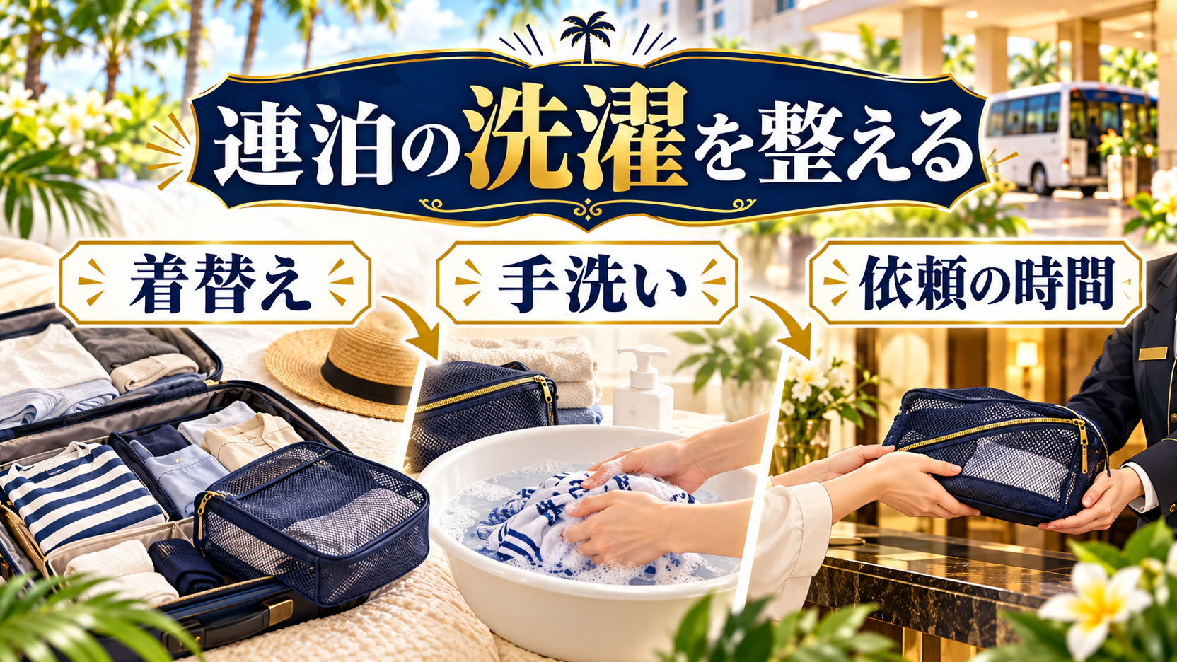 連泊の着替え、手洗い、ランドリー依頼時間を整える図