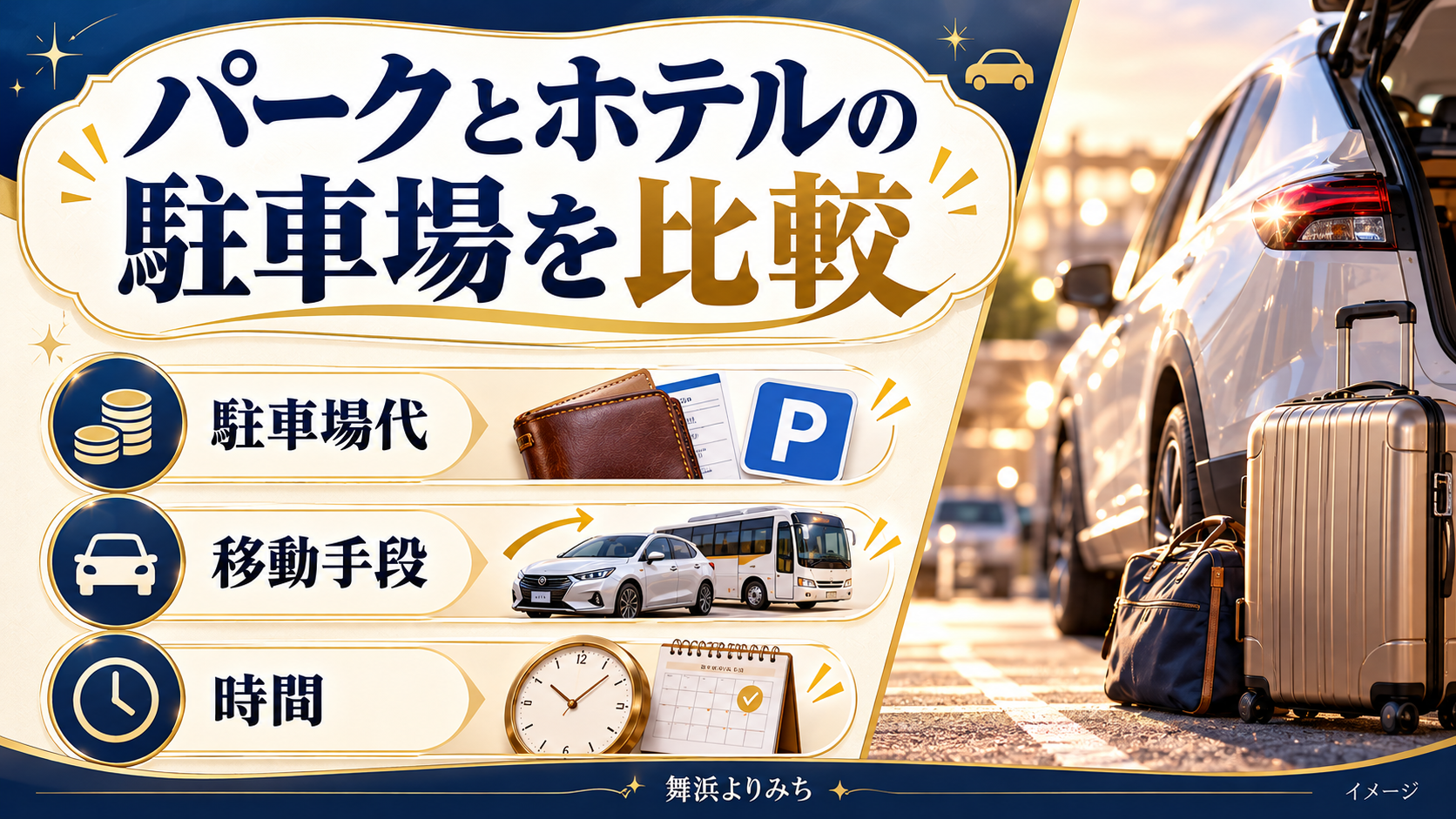 パークとホテルの駐車場を比較について、駐車場代・移動手段・時間を示す図解