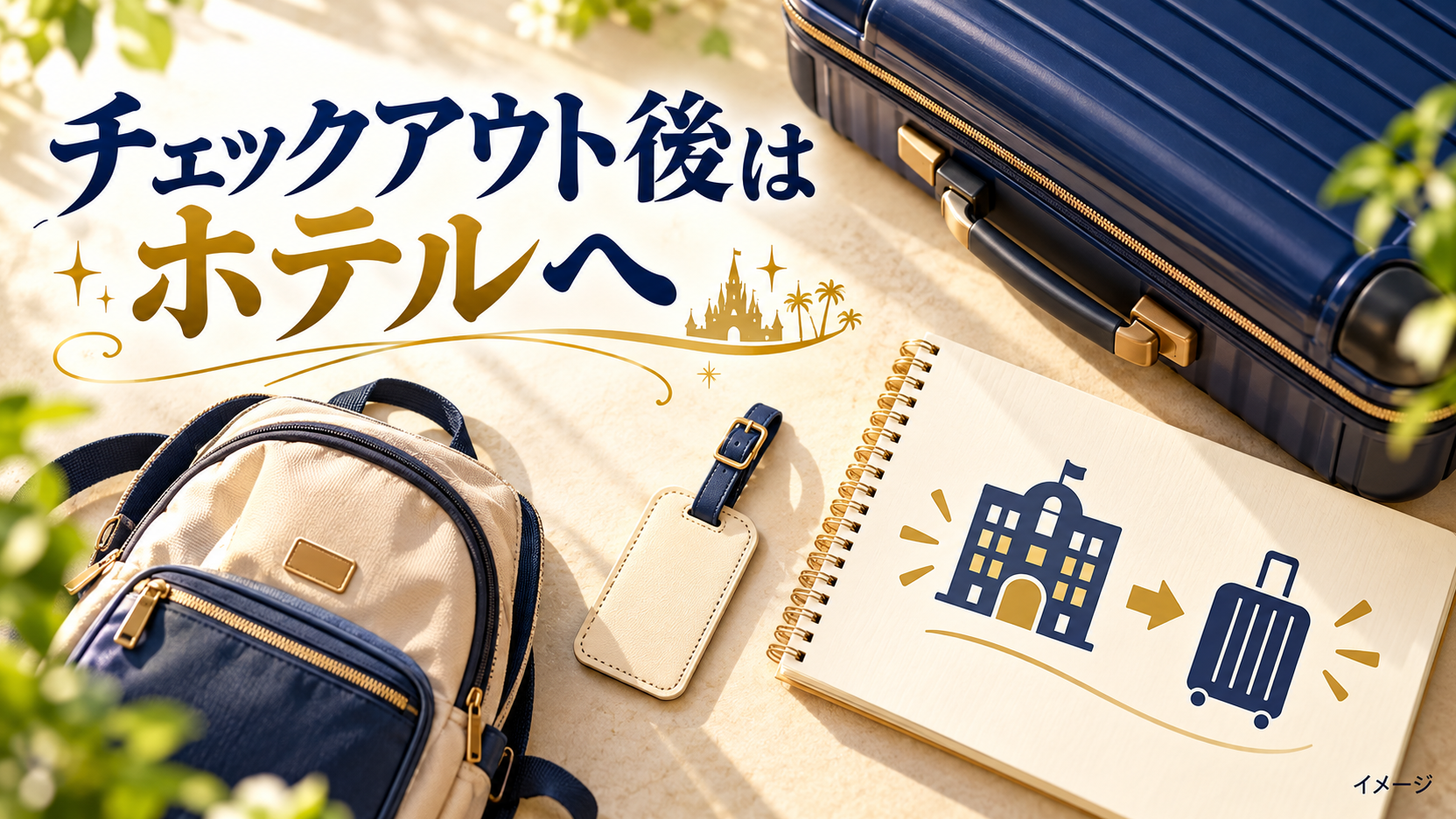 机の上に並べたスーツケースと荷物タグを使って利用前の確認点を示すイメージ