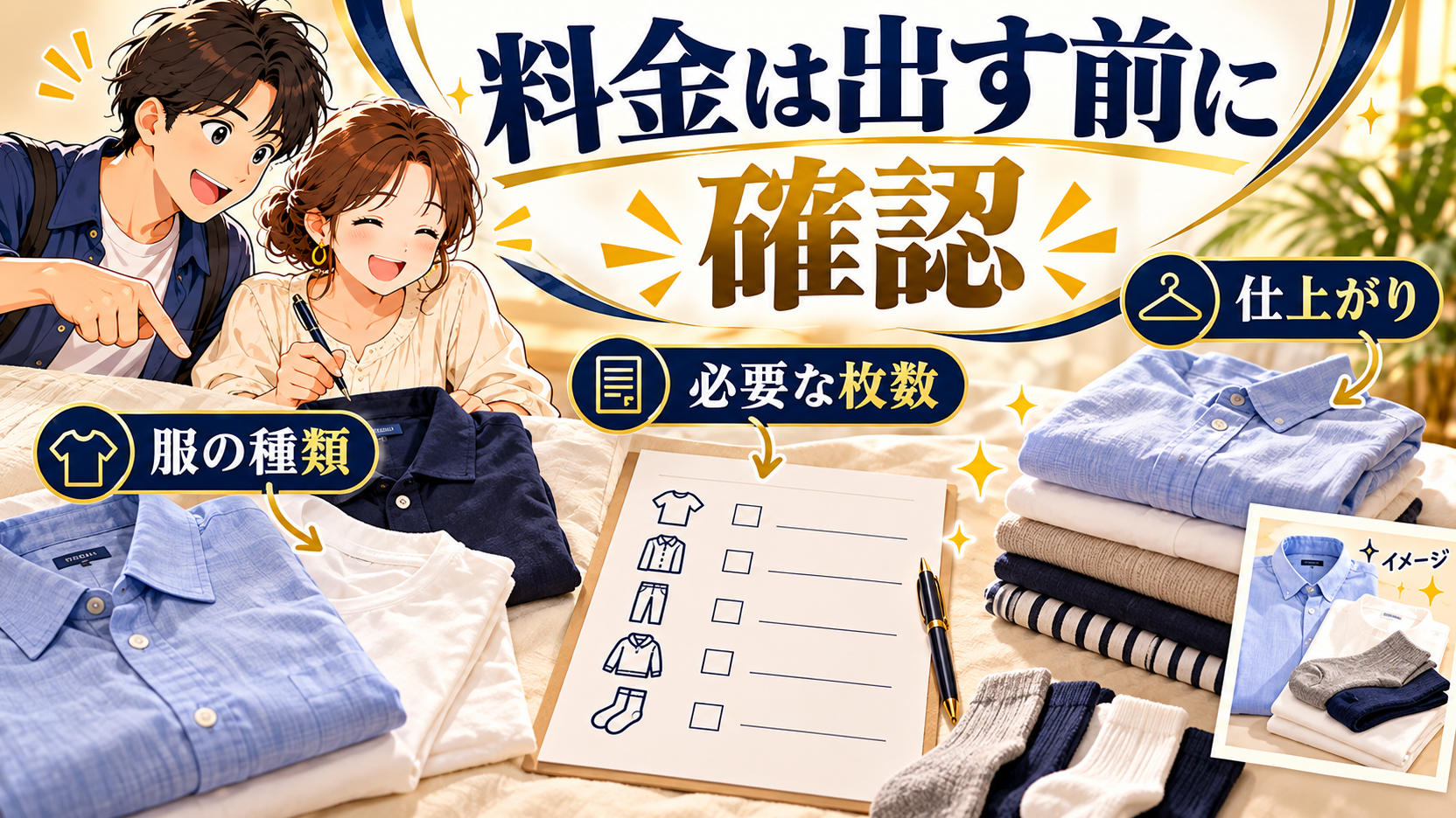 服の種類と必要枚数、仕上がりを確認する衣類と注文用紙