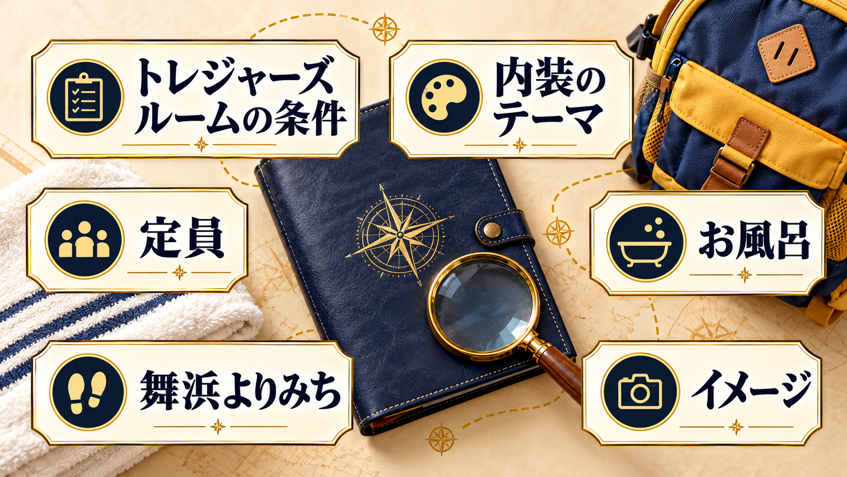 トレジャーズルームの条件について、内装のテーマ・定員・お風呂を示す図解