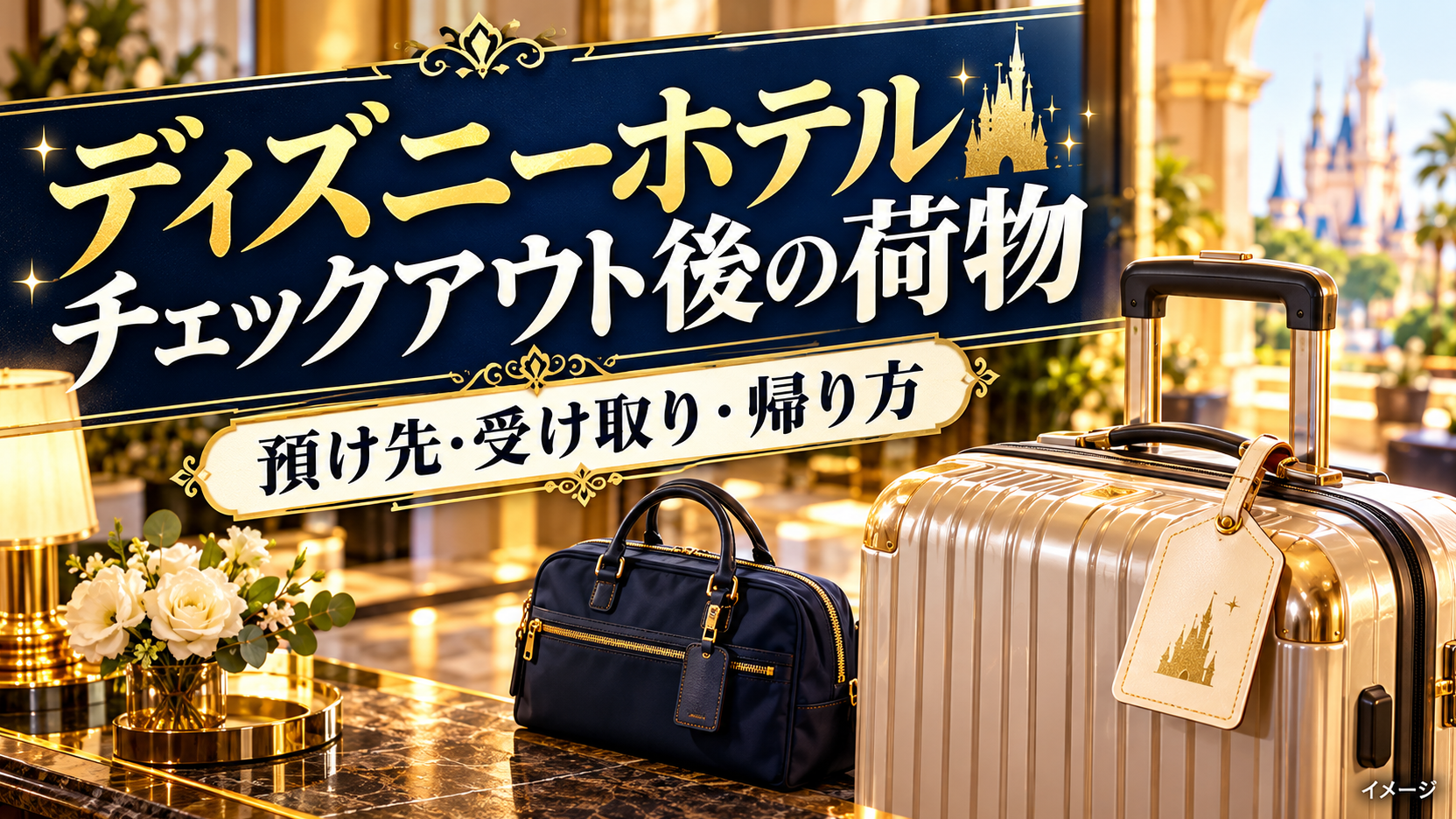 スーツケースと荷物タグでチェックアウト後の荷物の段取りを示すイメージ