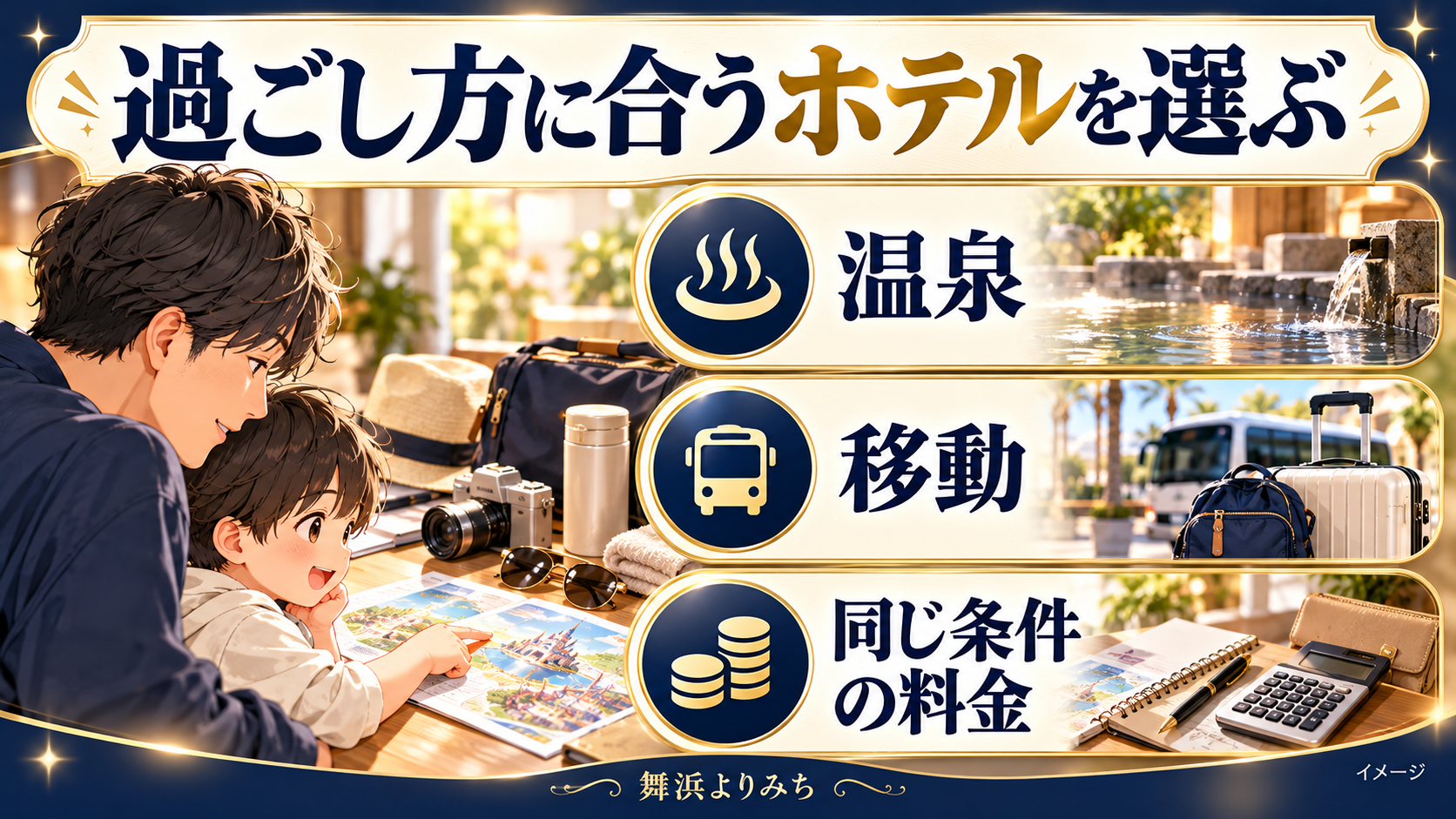 過ごし方に合うホテルを選ぶについて、温泉・移動・同じ条件の料金を示す図解