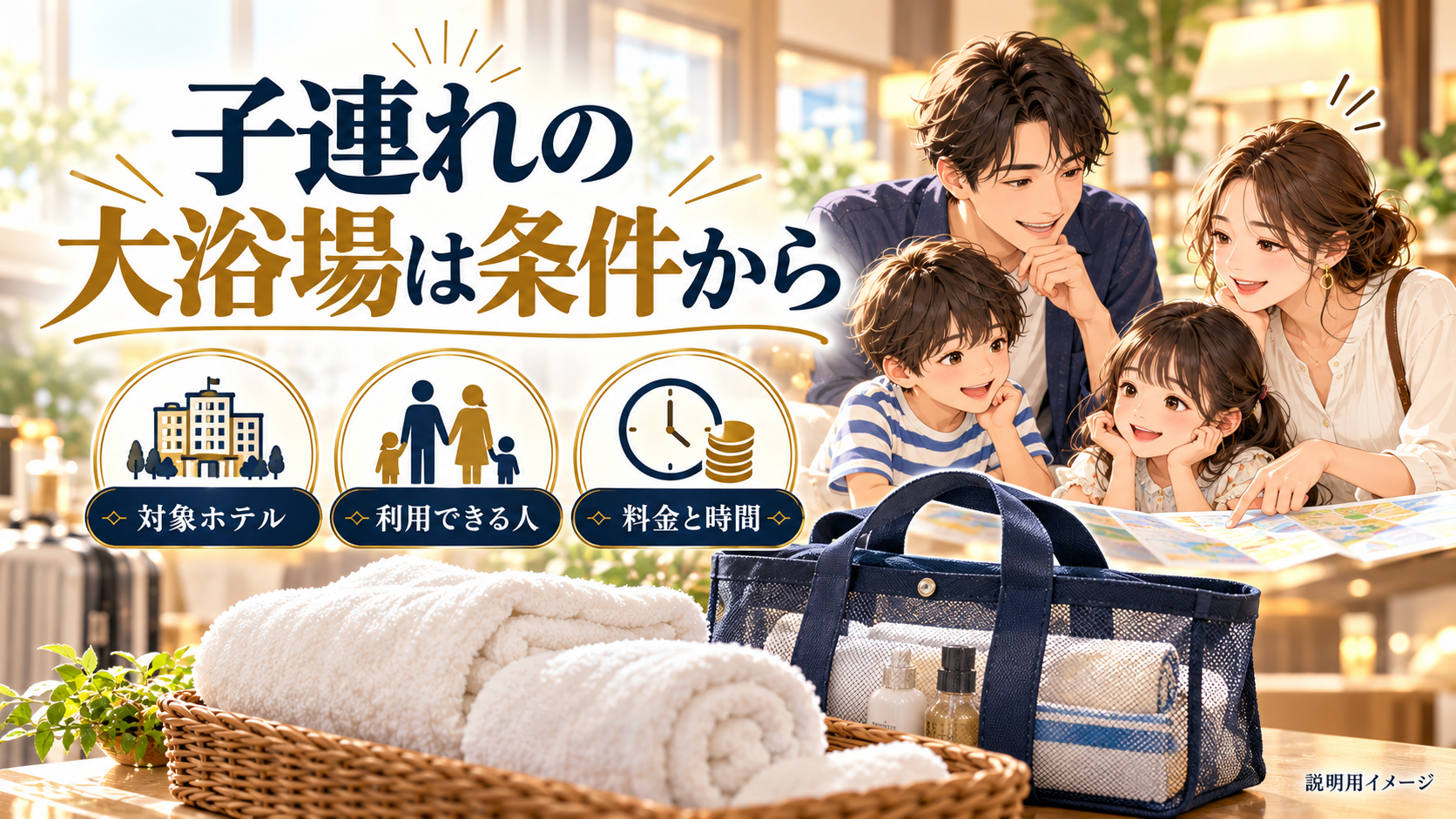 子連れの大浴場は条件からについて、対象ホテル・利用できる人・料金と時間を旅行用品やイラストで整理した図