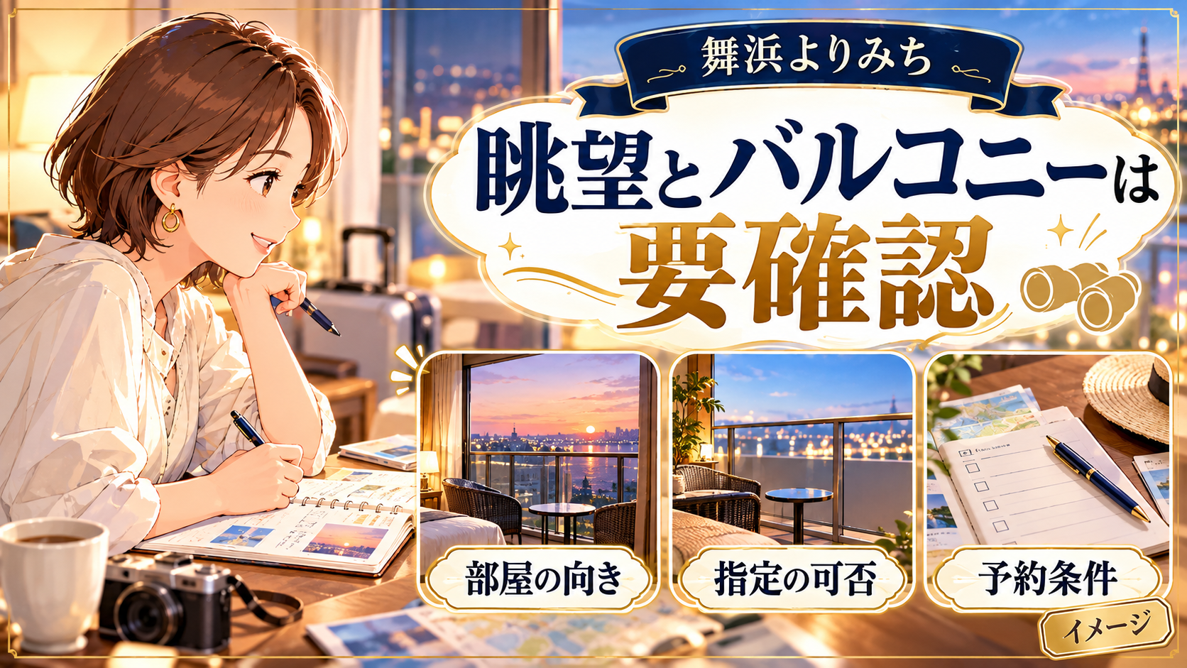 眺望とバルコニーは要確認について、部屋の向き・指定の可否・予約条件を整理した図解