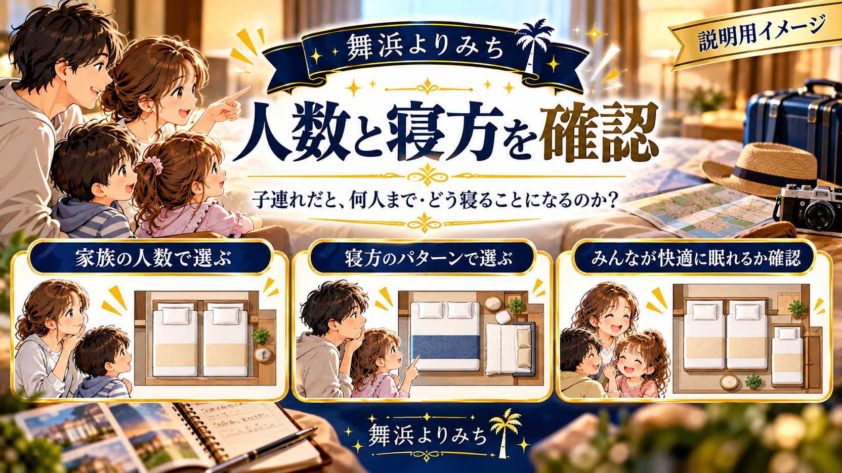 家族の人数や寝方に合わせて寝具の組み合わせを確認する親子と模式図