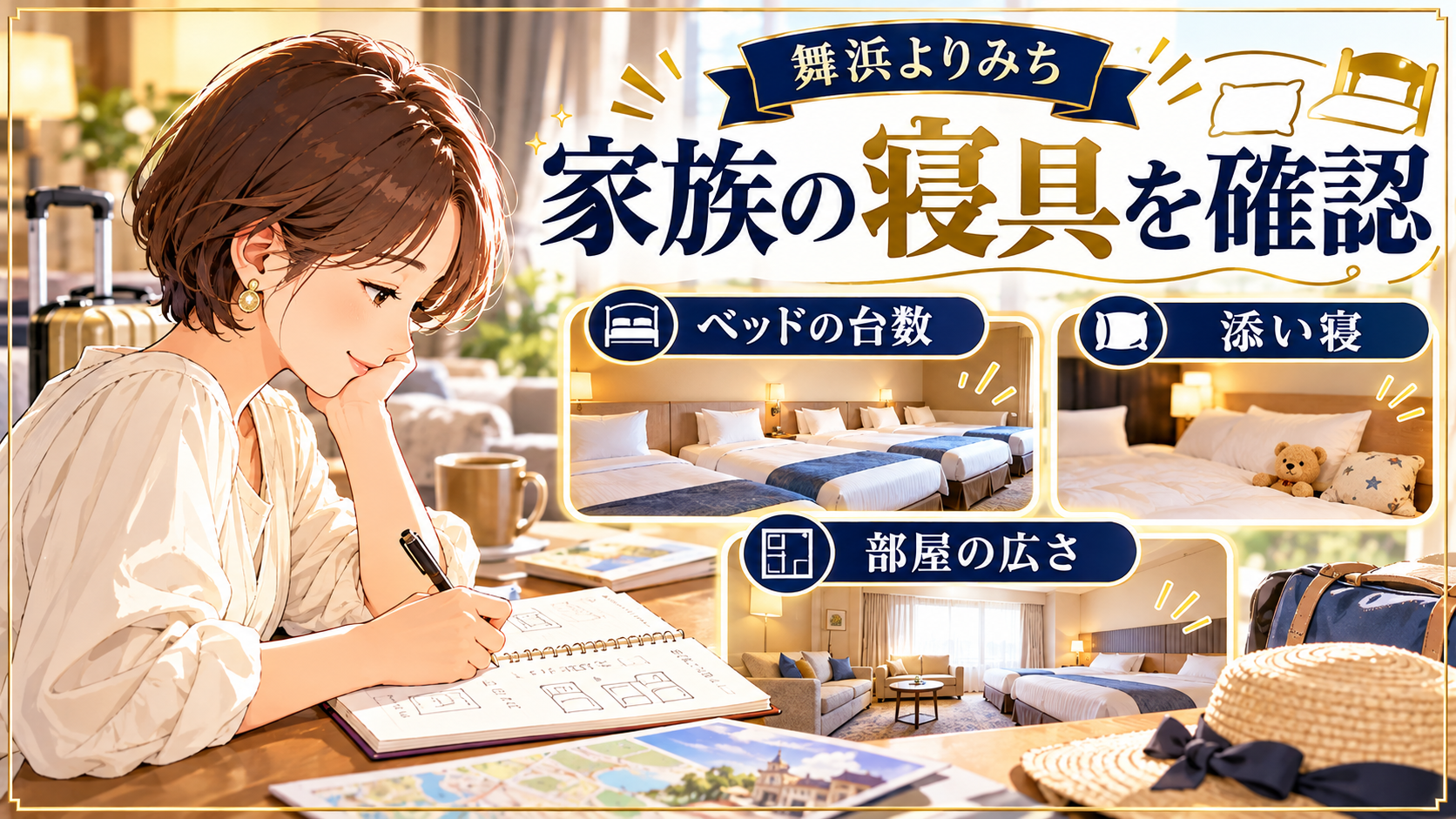 家族の寝具を確認について、ベッドの台数・添い寝・部屋の広さを整理した図解