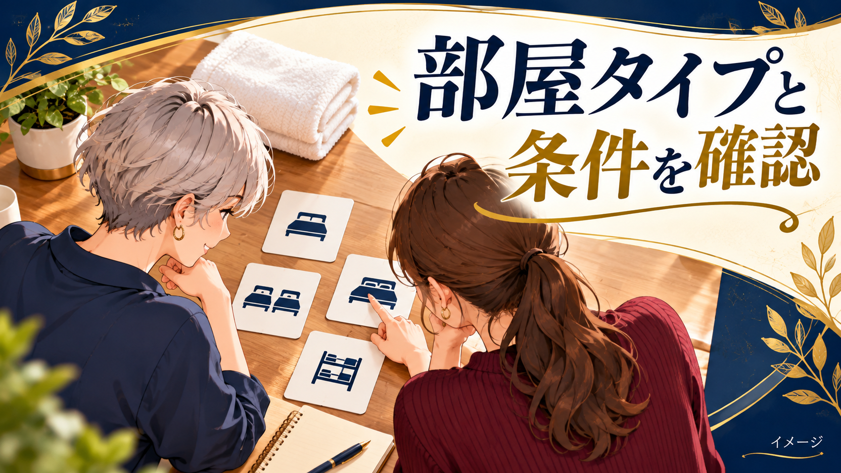友人同士がベッドの図柄のカードを使って部屋の条件を相談するイメージ