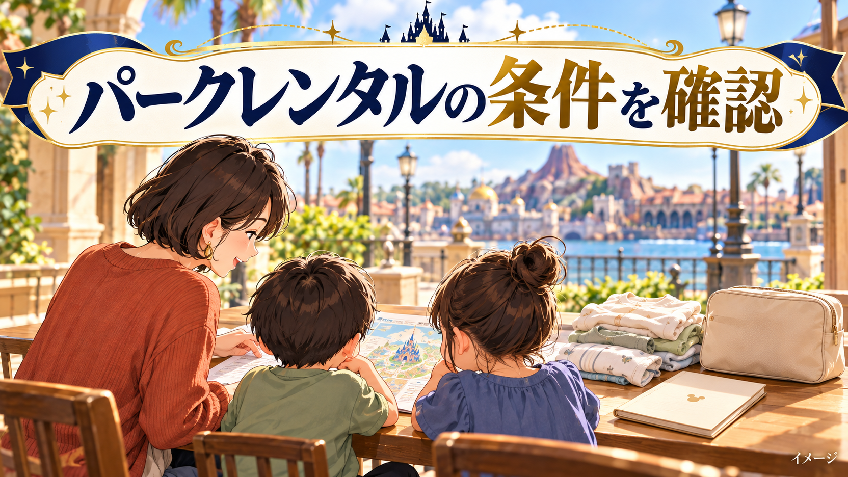母親と子どもたちが赤ちゃんの衣類とおむつ用ポーチをそばに置いて旅行の準備をするイメージ
