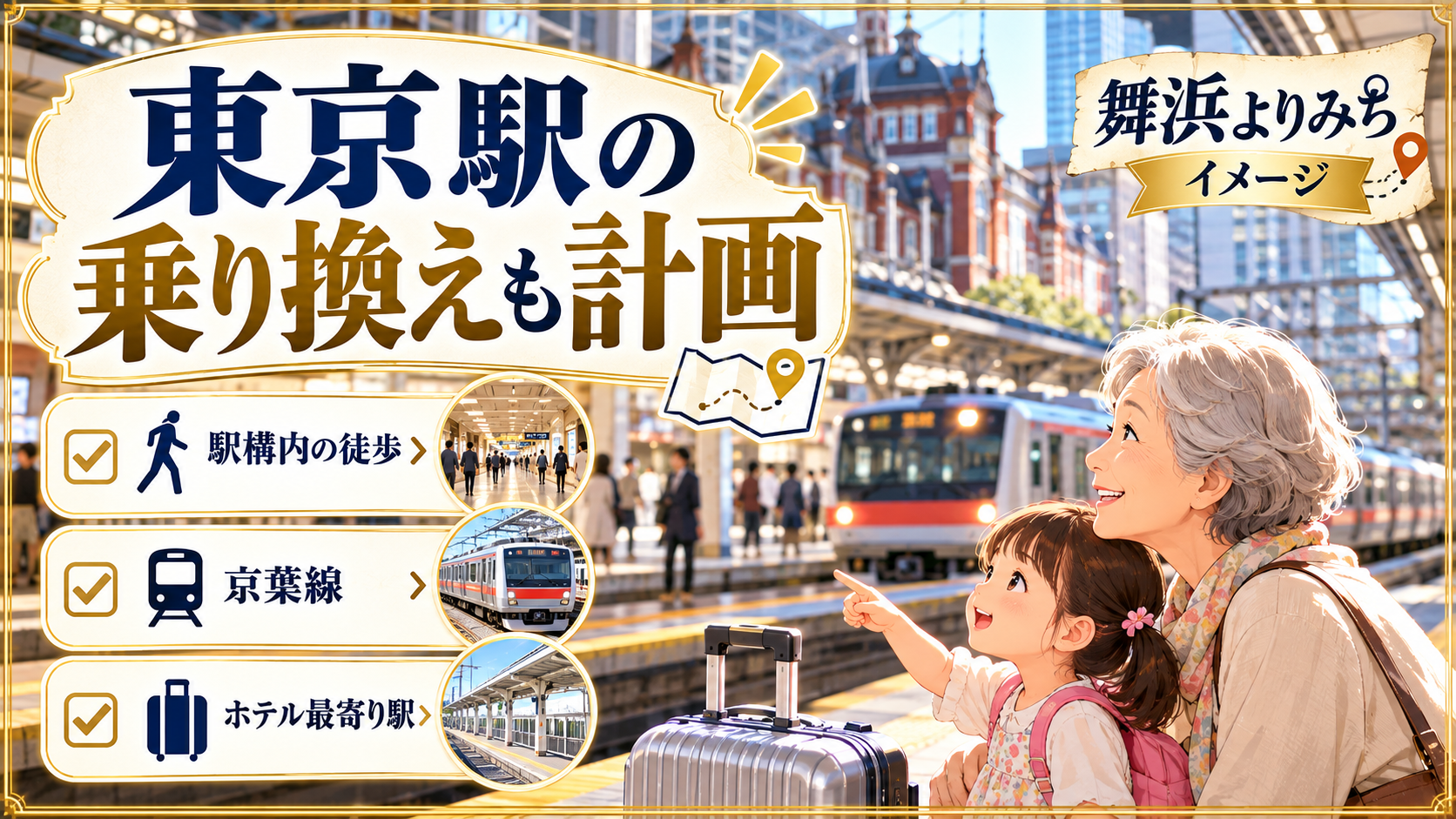 東京駅の乗り換えも計画について、駅構内の徒歩・京葉線・ホテル最寄り駅を整理した図解