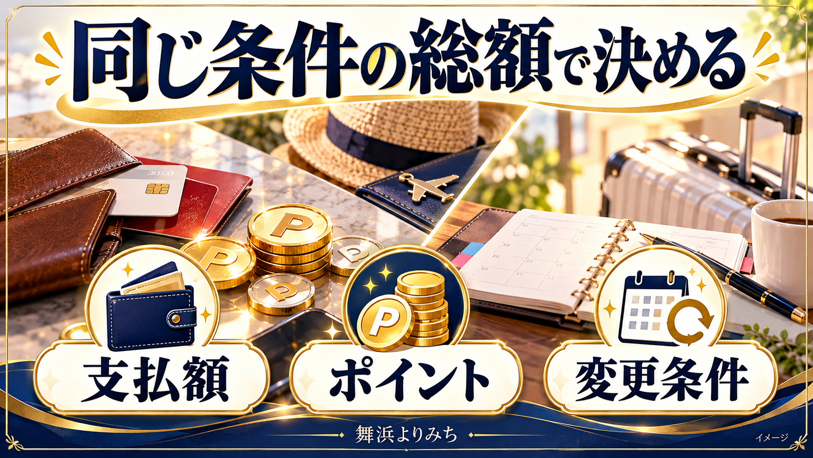 同じ条件の総額で決めるについて、支払額・ポイント・変更条件を示す図解