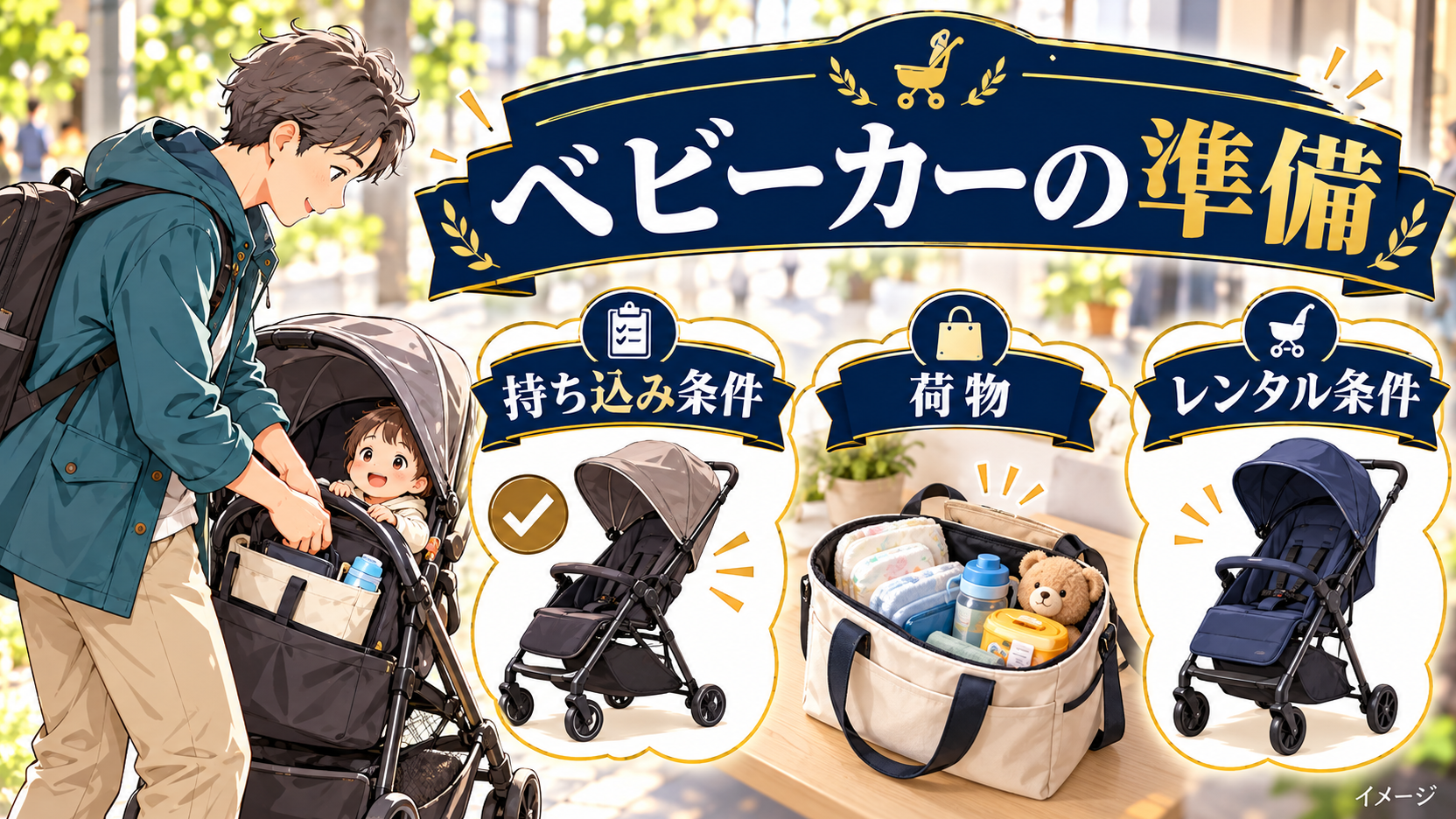 持ち込み条件と荷物、レンタル条件を確認するベビーカーのイメージ