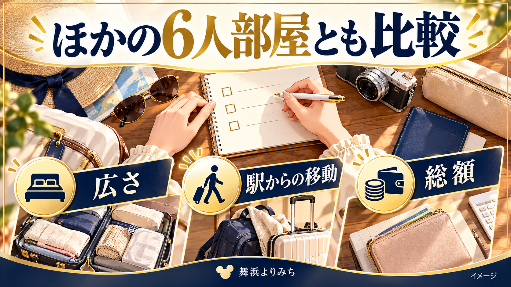 ほかの6人部屋とも比較について、広さ・駅からの移動・総額を示す図解