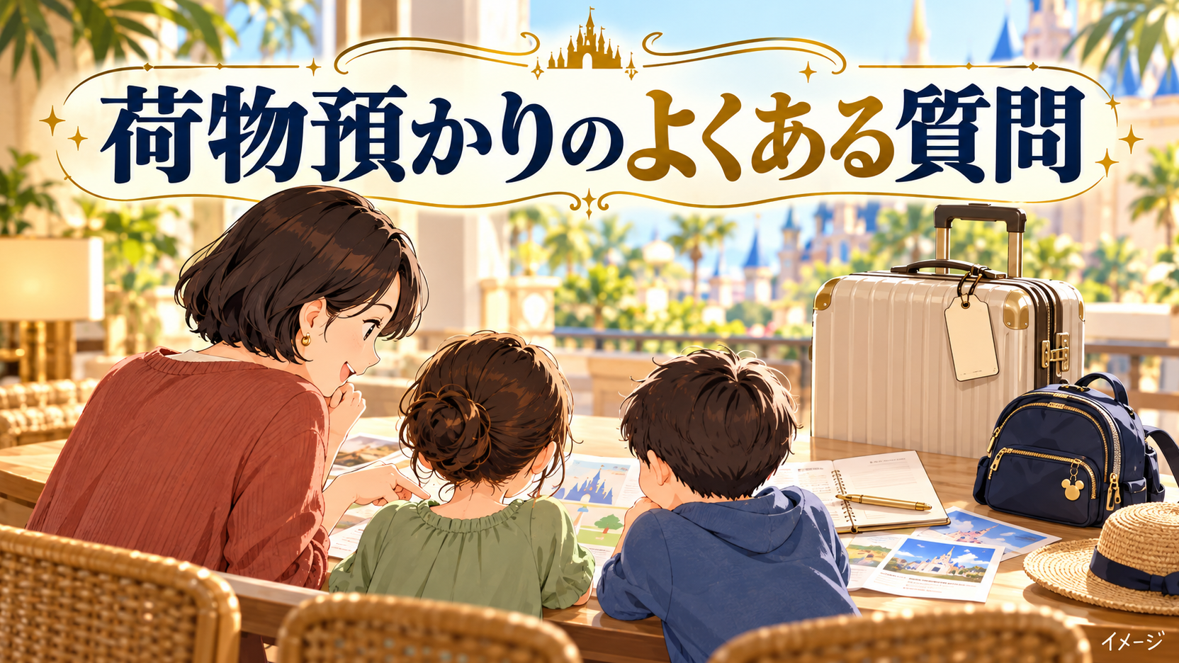 母親と子どもたちがスーツケースと荷物タグをそばに置いて旅行の準備をするイメージ