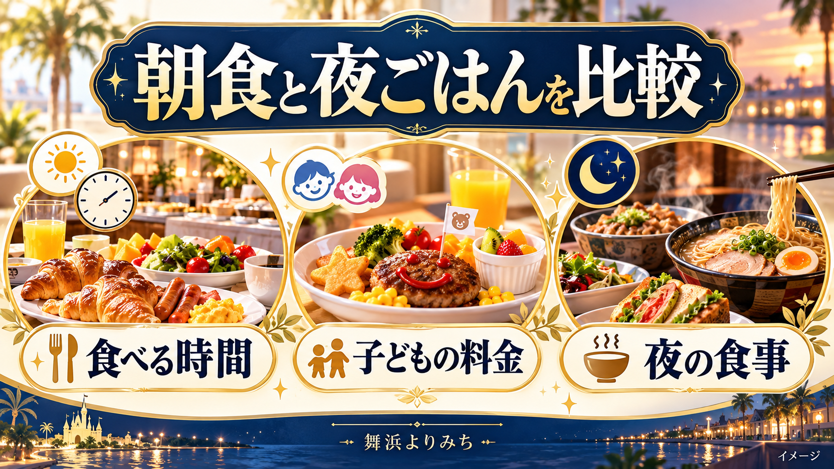 朝食と夜ごはんを比較について、食べる時間・子どもの料金・夜の食事を示す図解