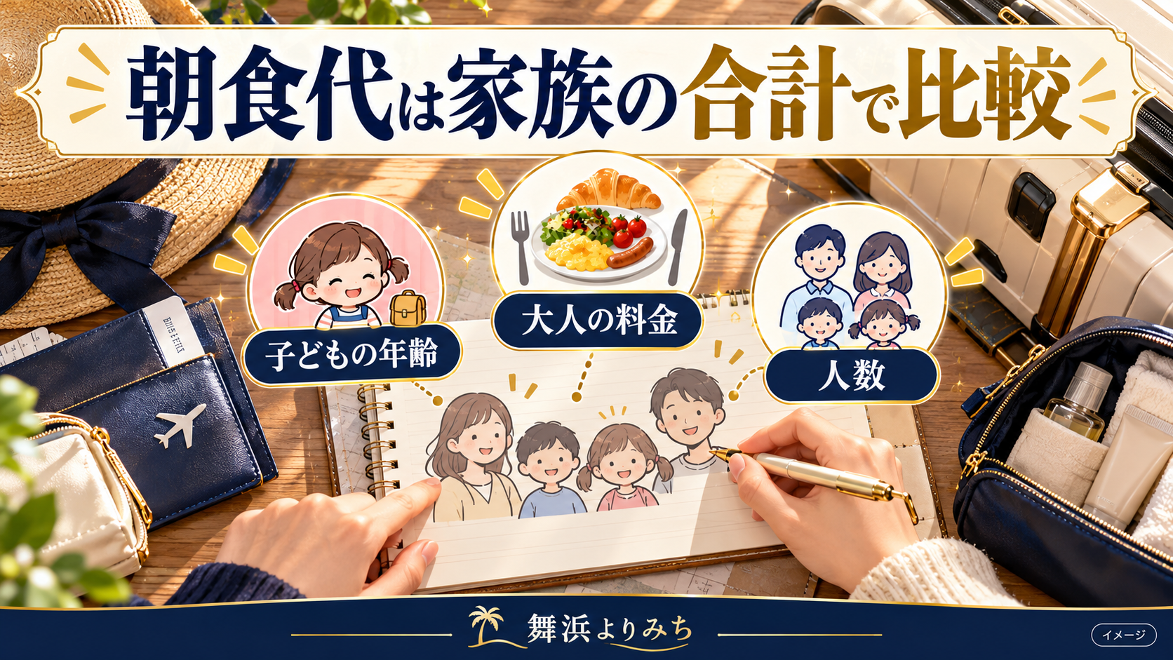 朝食代は家族の合計で比較について、子どもの年齢・大人の料金・人数を示す図解
