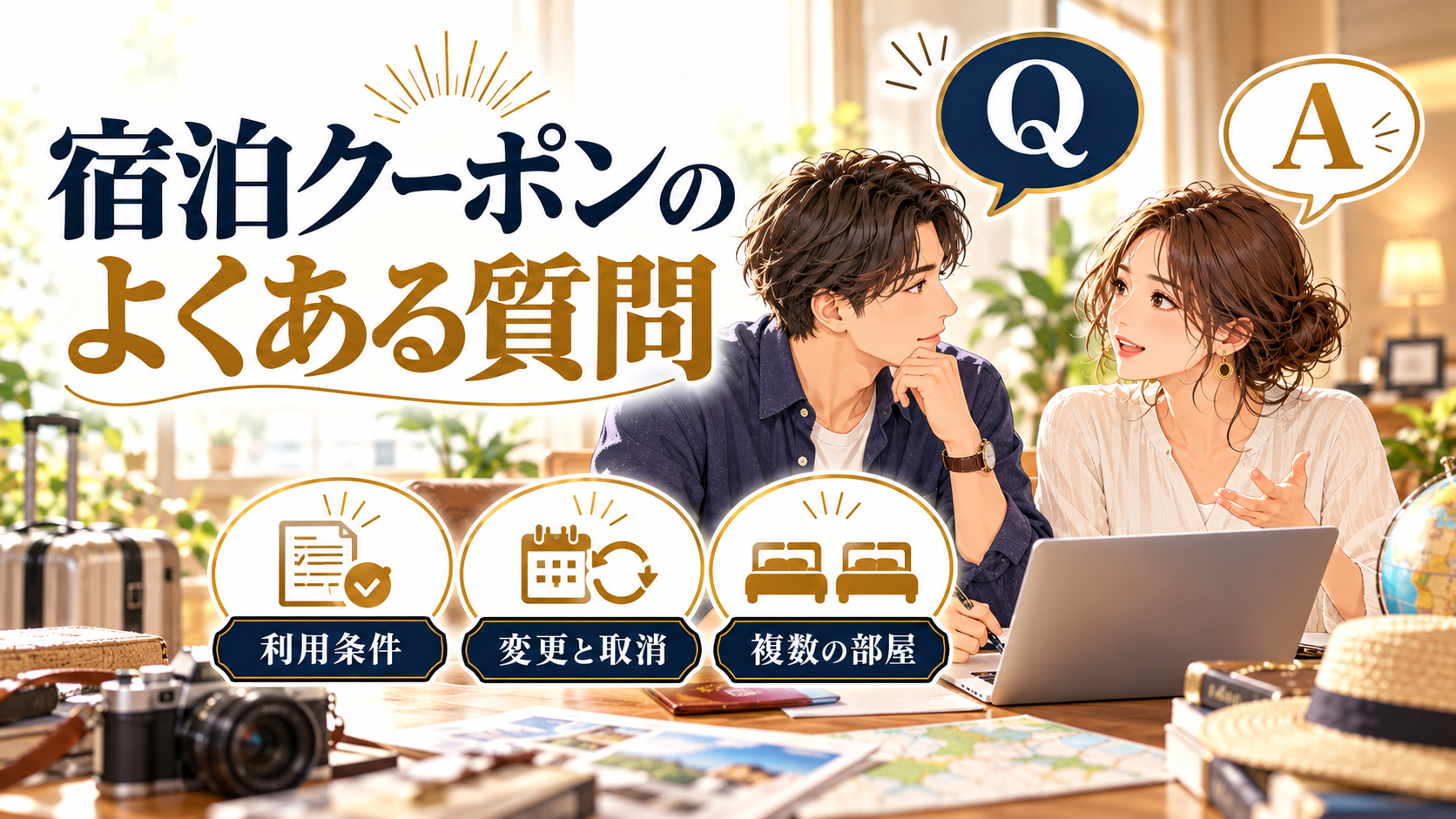 宿泊クーポンのよくある質問について、利用条件・変更と取消・複数の部屋を旅行用品やイラストで整理した図