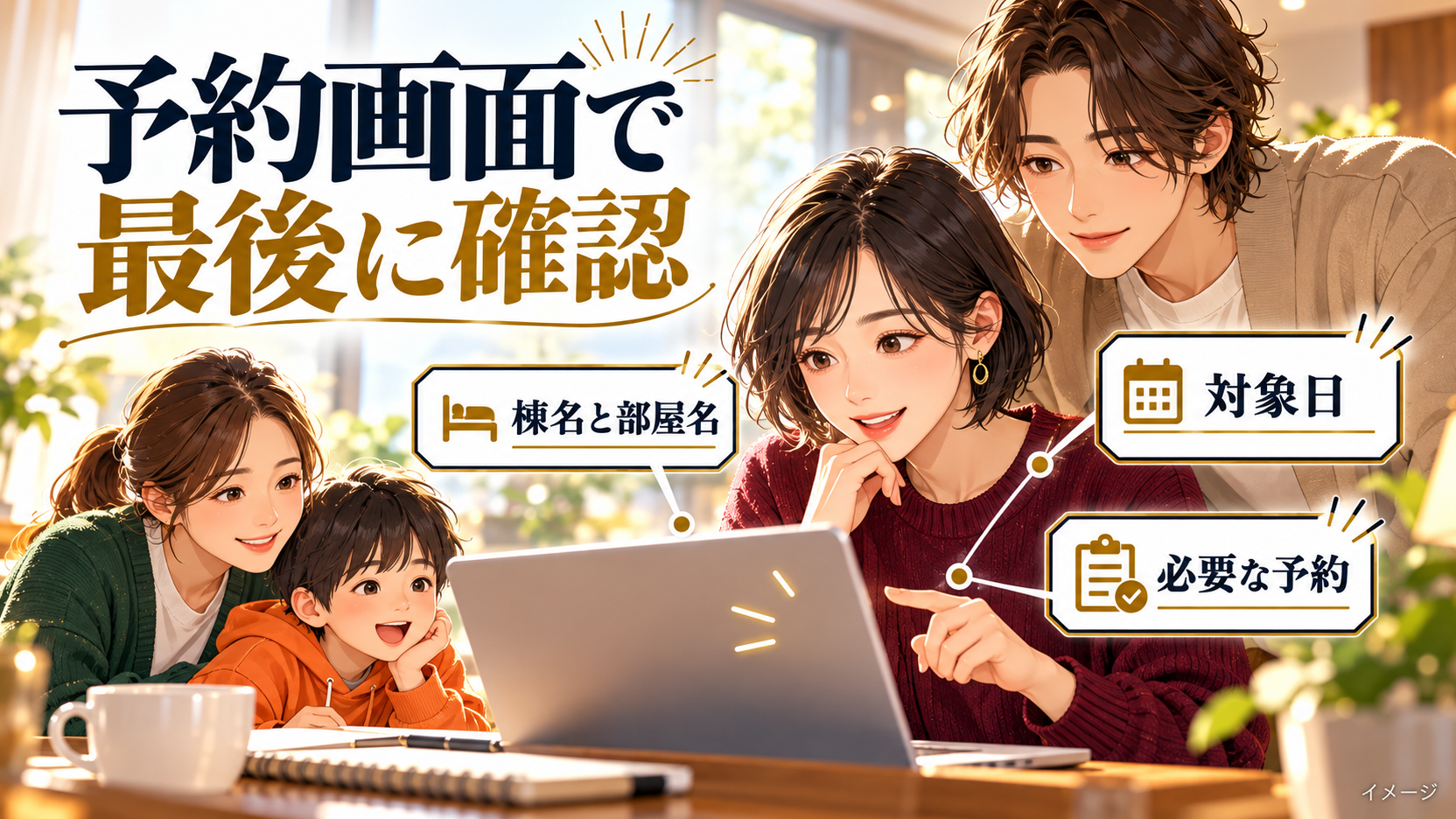 予約画面を見る家族と、棟名と部屋名、対象日、必要な予約の確認項目。