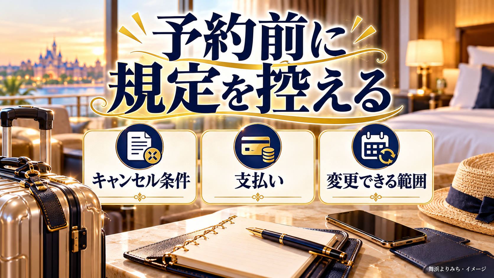 予約前に規定を控えるについて、キャンセル条件・支払い・変更できる範囲を整理した図解