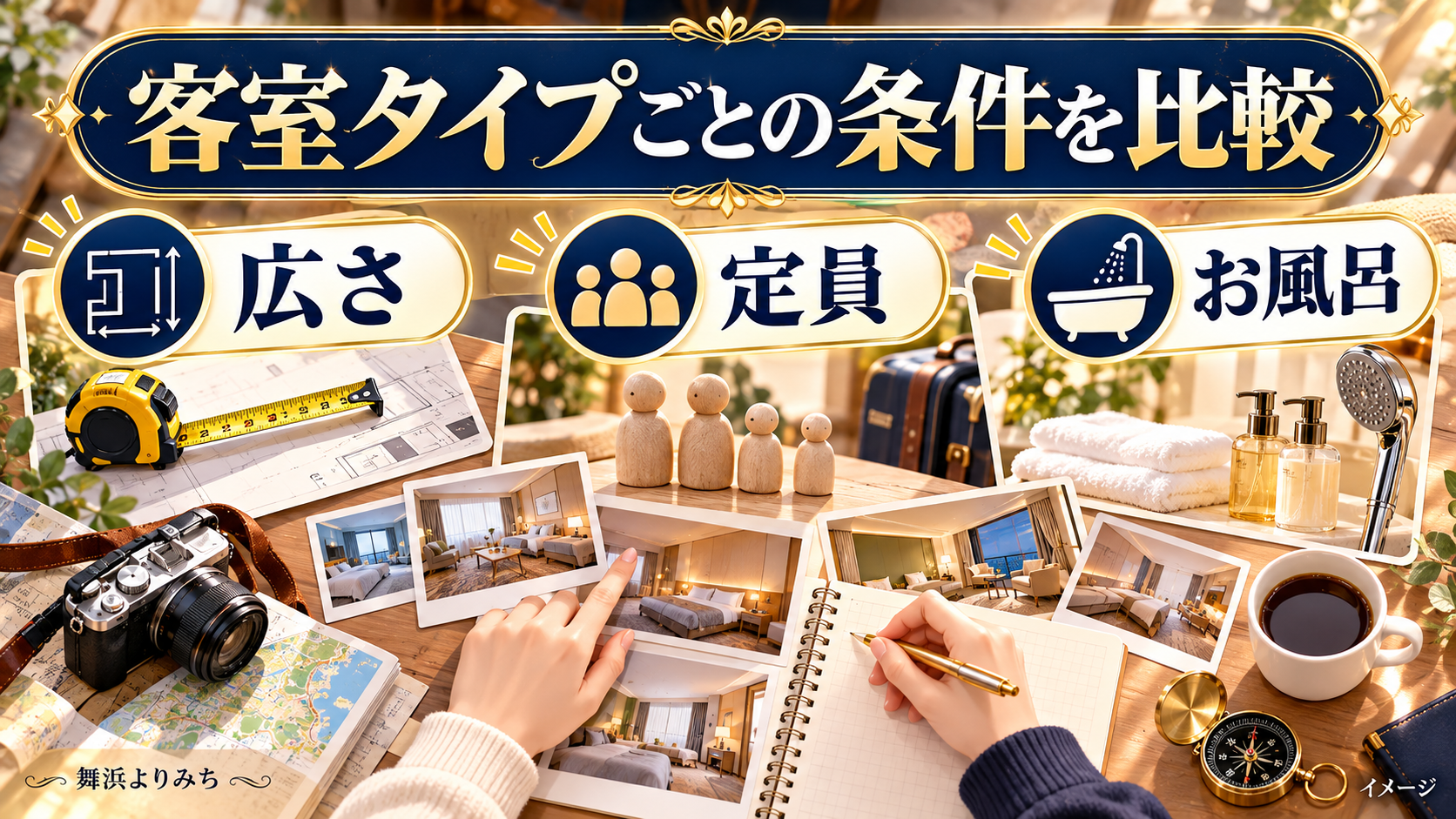 客室タイプごとの条件を比較について、広さ・定員・お風呂を示す図解