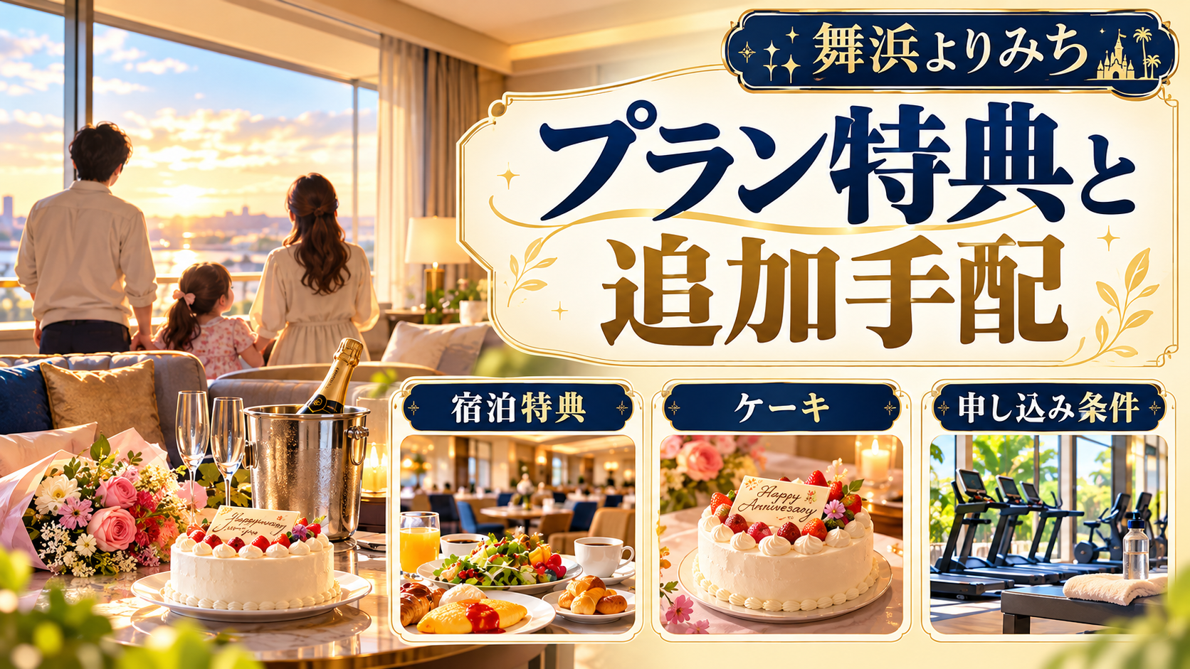 プラン特典と追加手配について、宿泊特典・ケーキ・申し込み条件を整理した図解