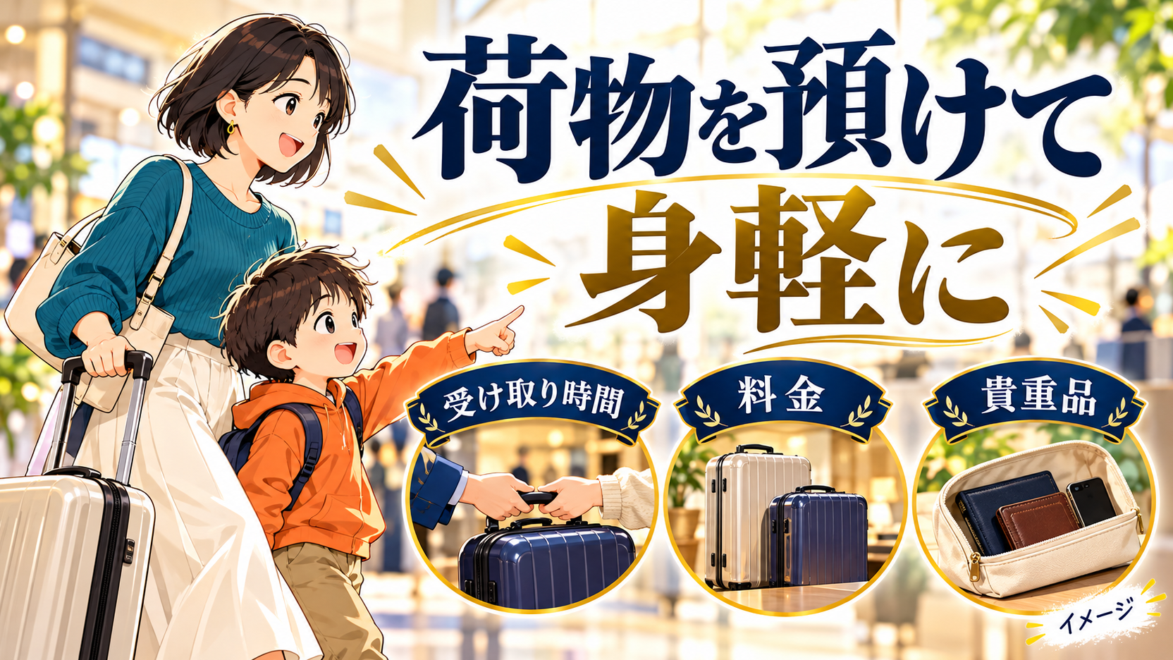 受け取り時間と料金、貴重品を確認して荷物を預ける母子