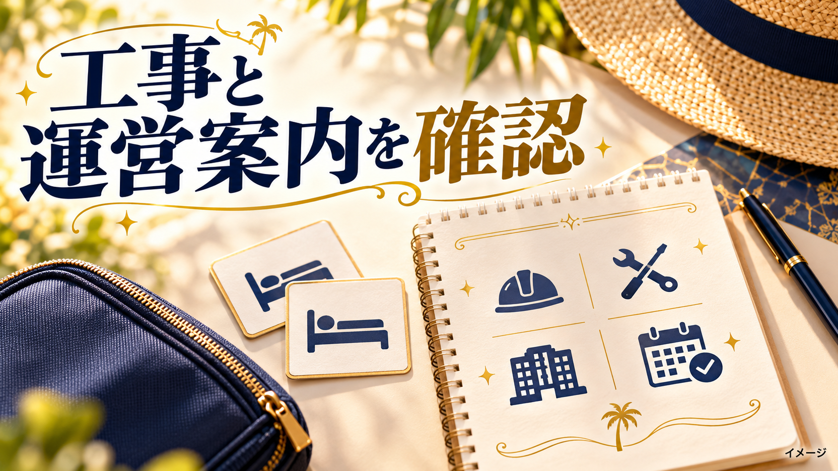 机の上に並べたベッドの記号と旅行用ポーチを使って利用前の確認点を示すイメージ