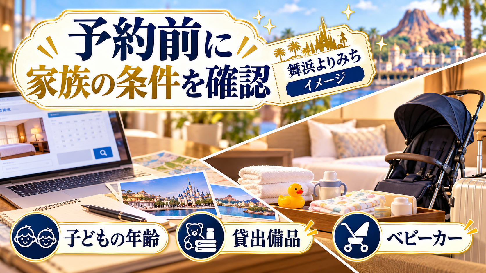 予約前に家族の条件を確認について、子どもの年齢・貸出備品・ベビーカーを整理した図解