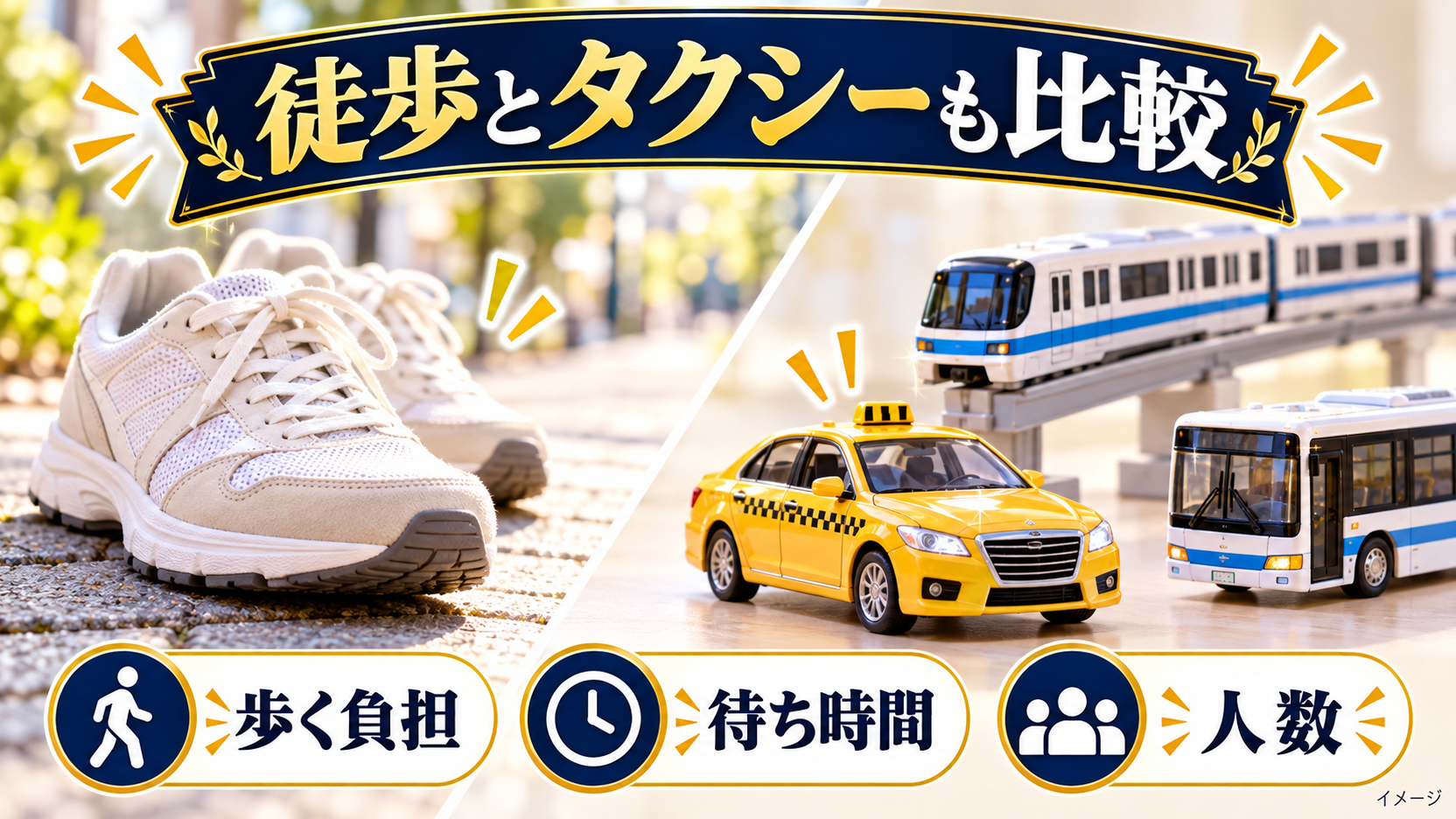 歩く負担と待ち時間、人数から移動方法を考える靴とタクシー模型