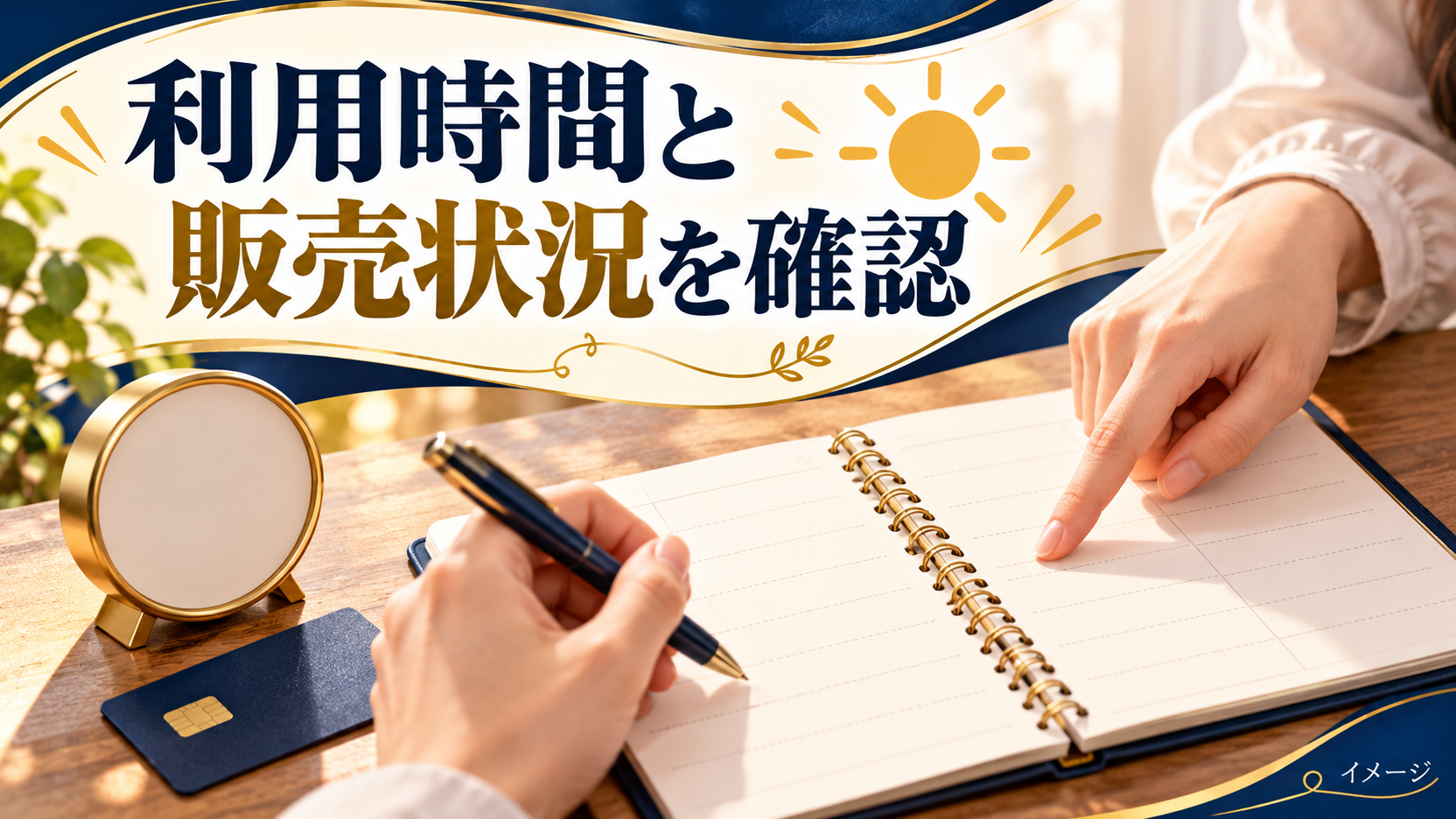 カードの横で利用予定のノートを指し、時間帯を確認する手元のイメージ