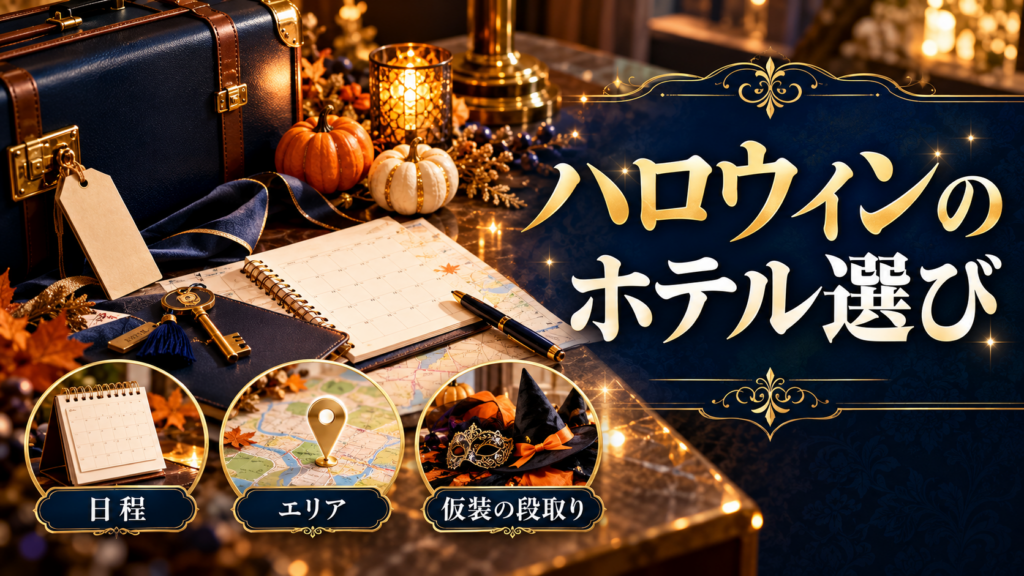 ハロウィンのホテル選びについて、日程・エリア・仮装の段取りを旅行の写真と文字で整理した説明用イメージ