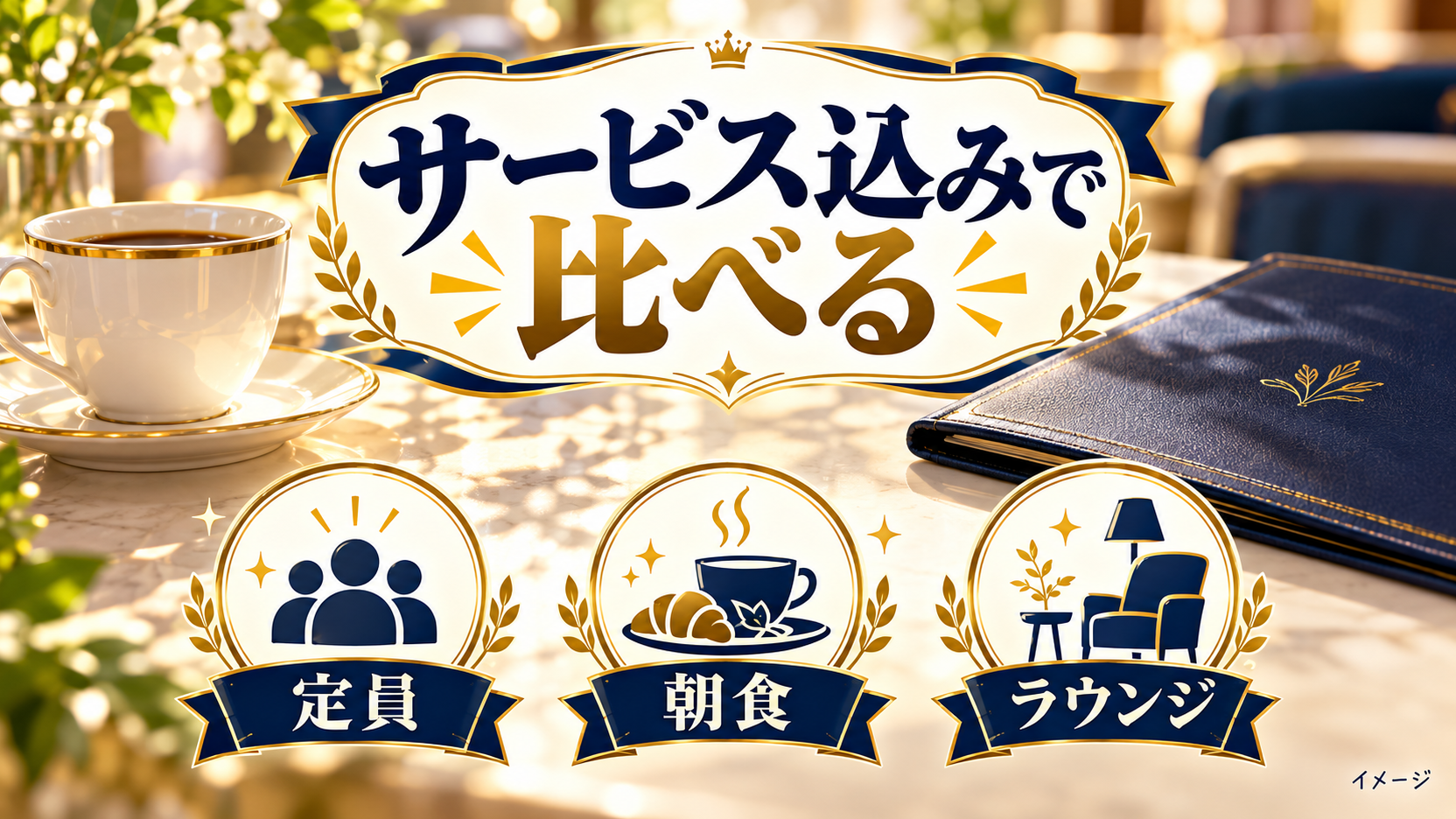 定員と朝食、ラウンジの条件を比較するイメージ