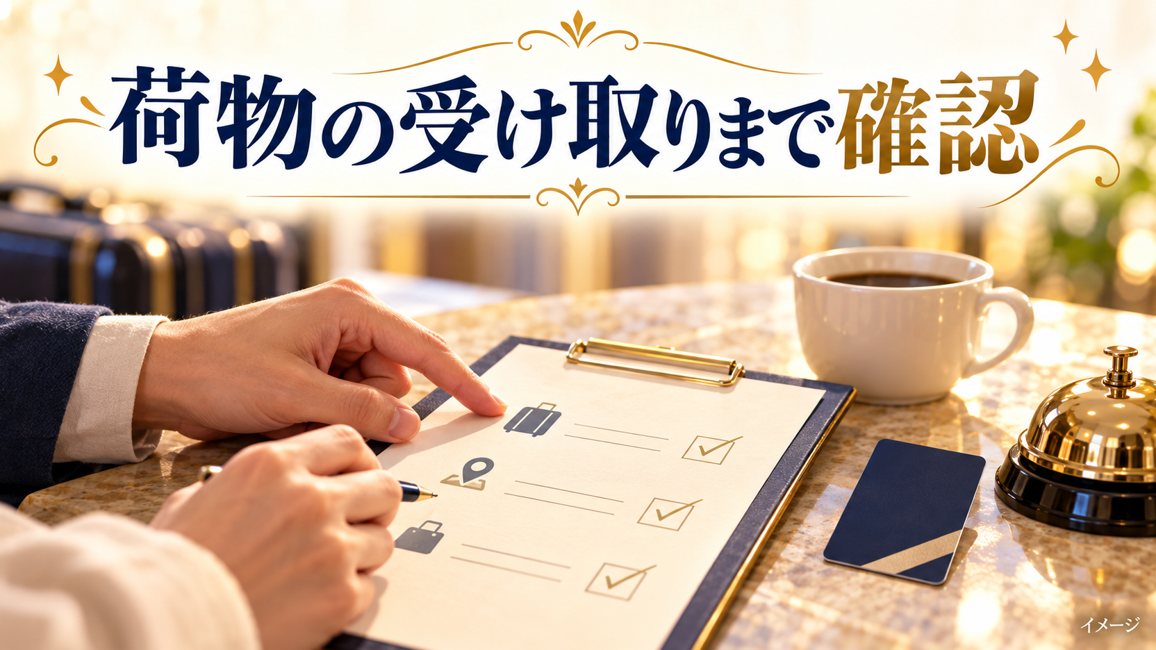 手元のチェックリストとカップと手続きを表すカードで準備する内容を確認するイメージ